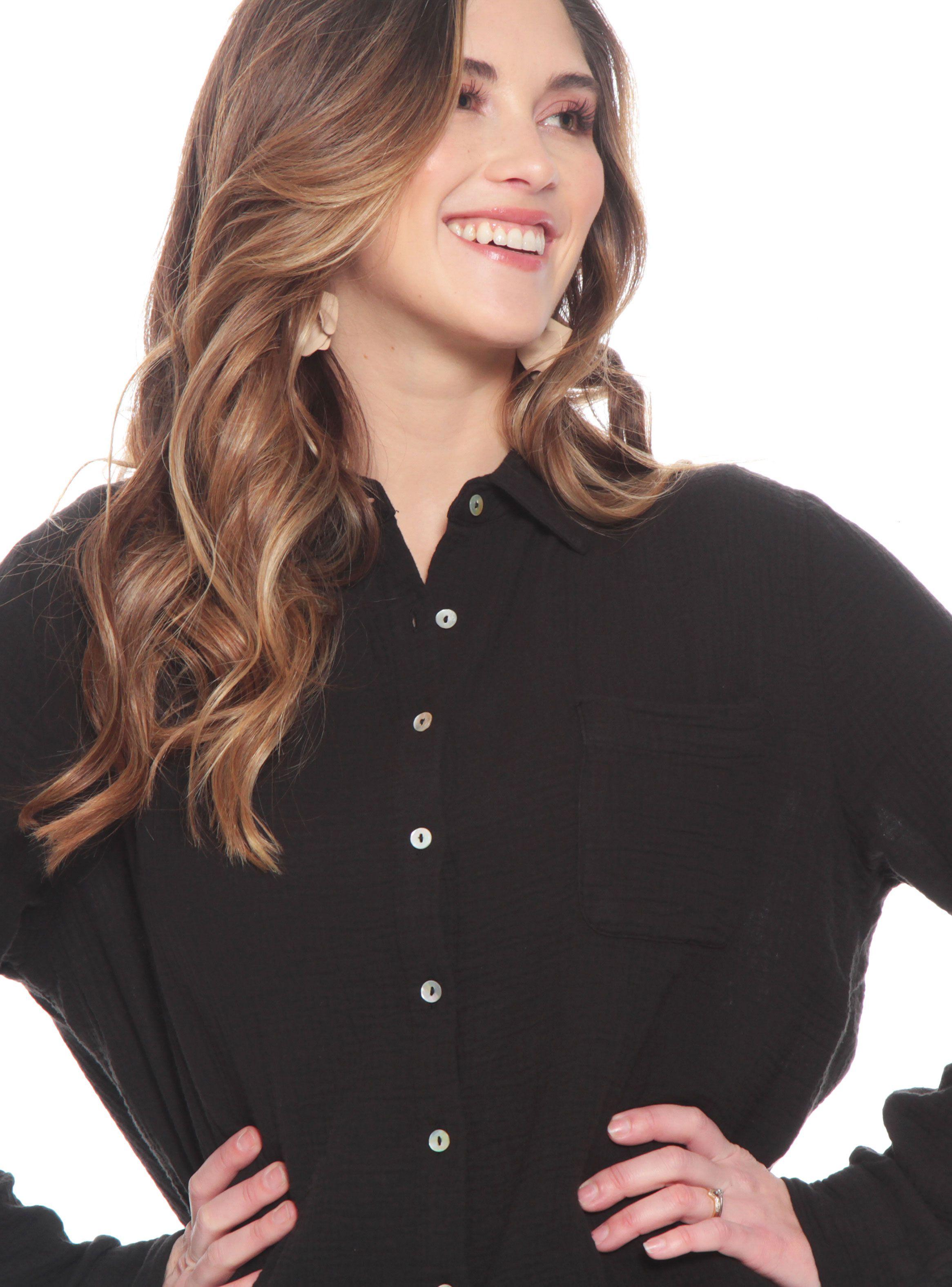 Blusa Manga Larga Sólida Cuello Camisero Bolsillo Delantero-2