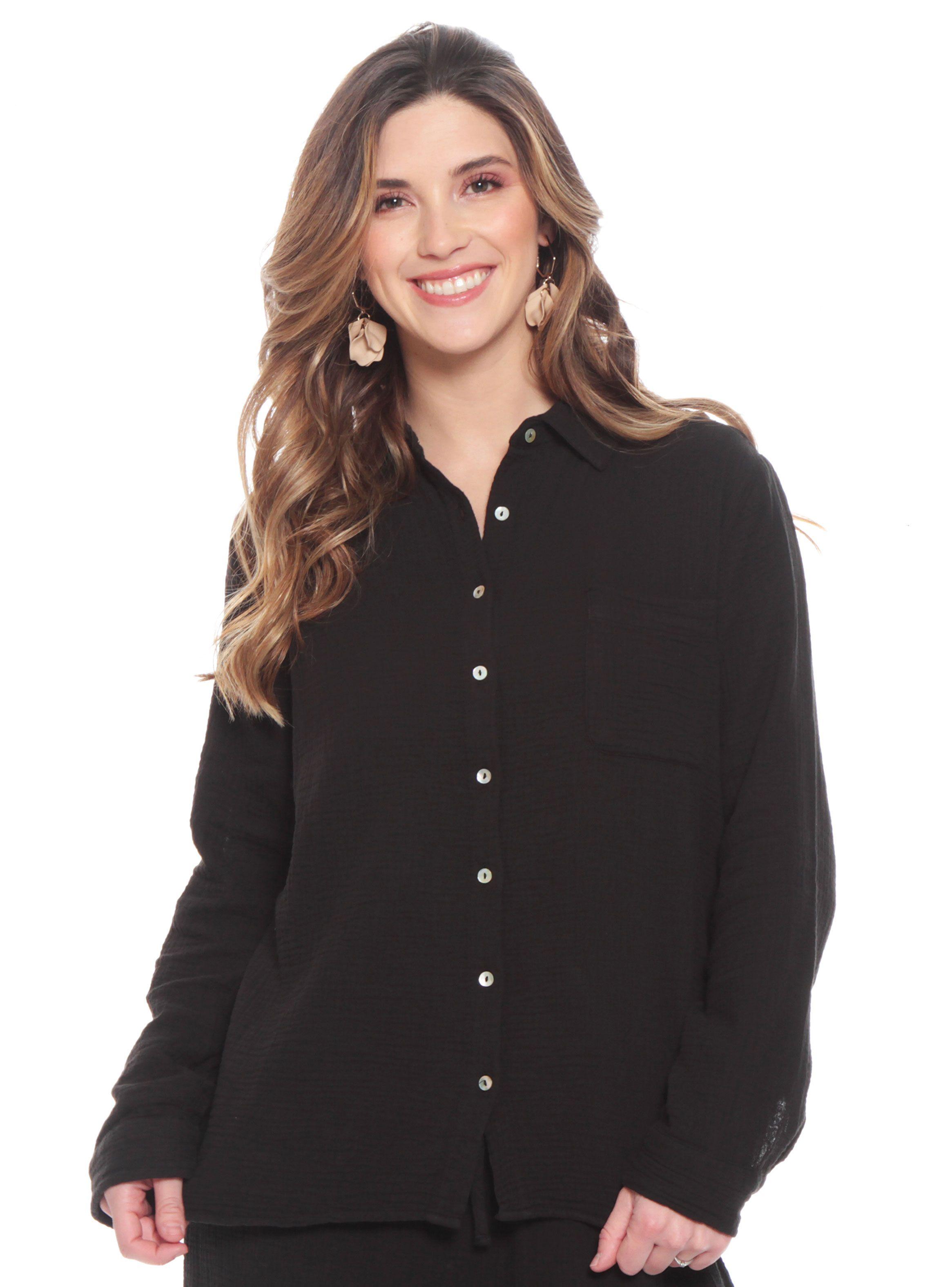 Blusa Manga Larga Sólida Cuello Camisero Bolsillo Delantero-0