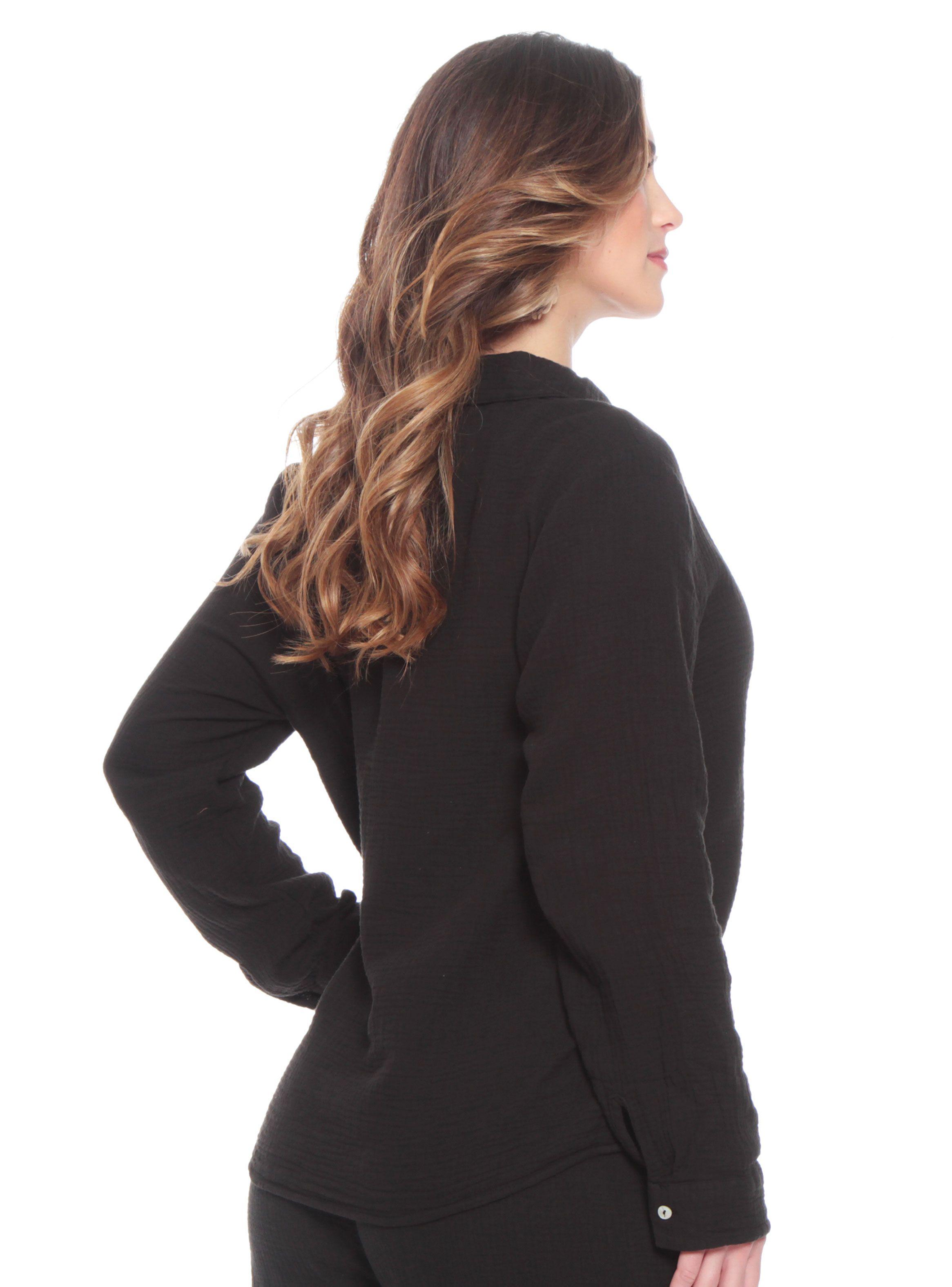 Blusa Manga Larga Sólida Cuello Camisero Bolsillo Delantero-1