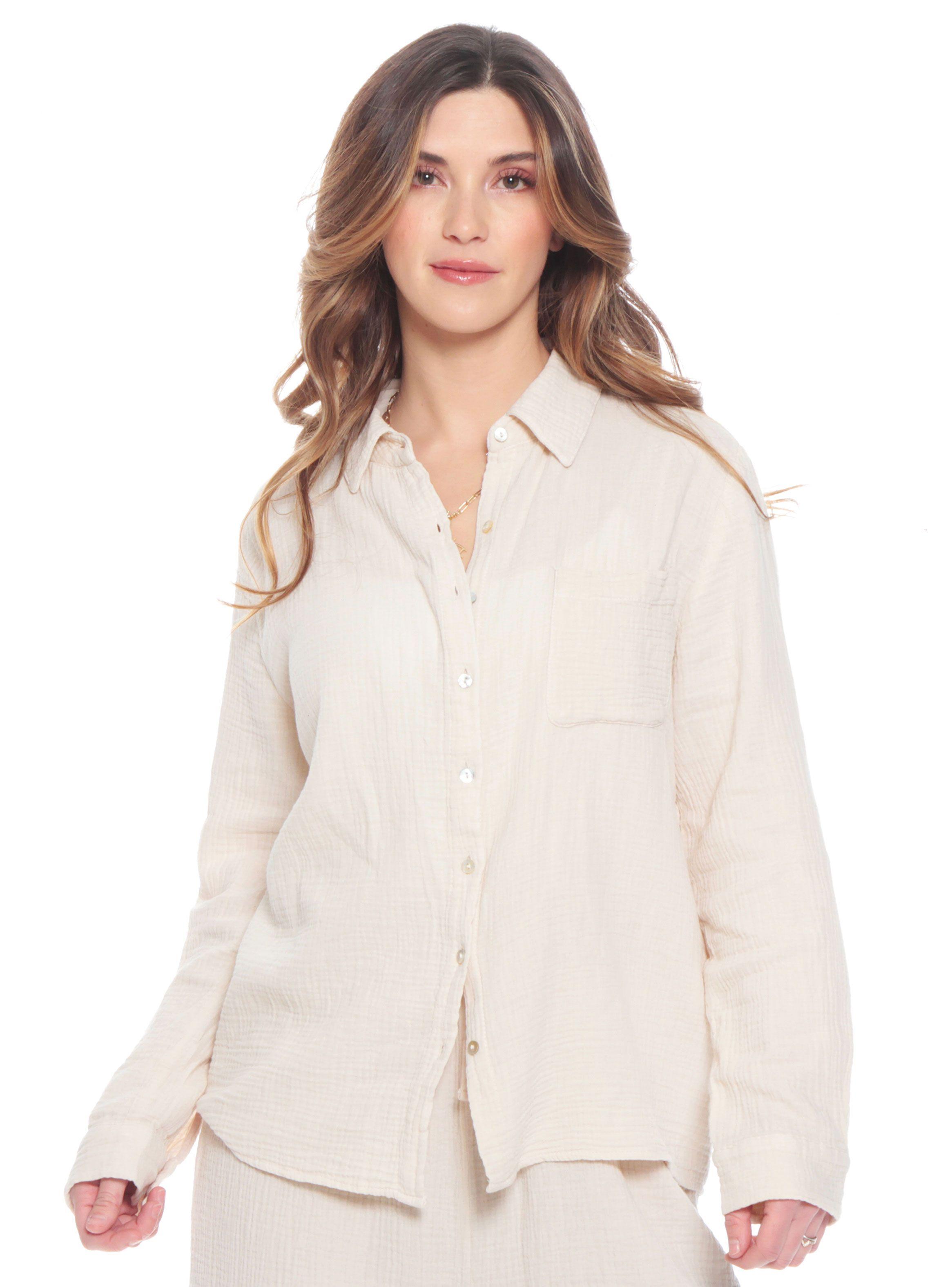 Blusa Manga Larga Sólida Cuello Camisero Bolsillo Delantero-0