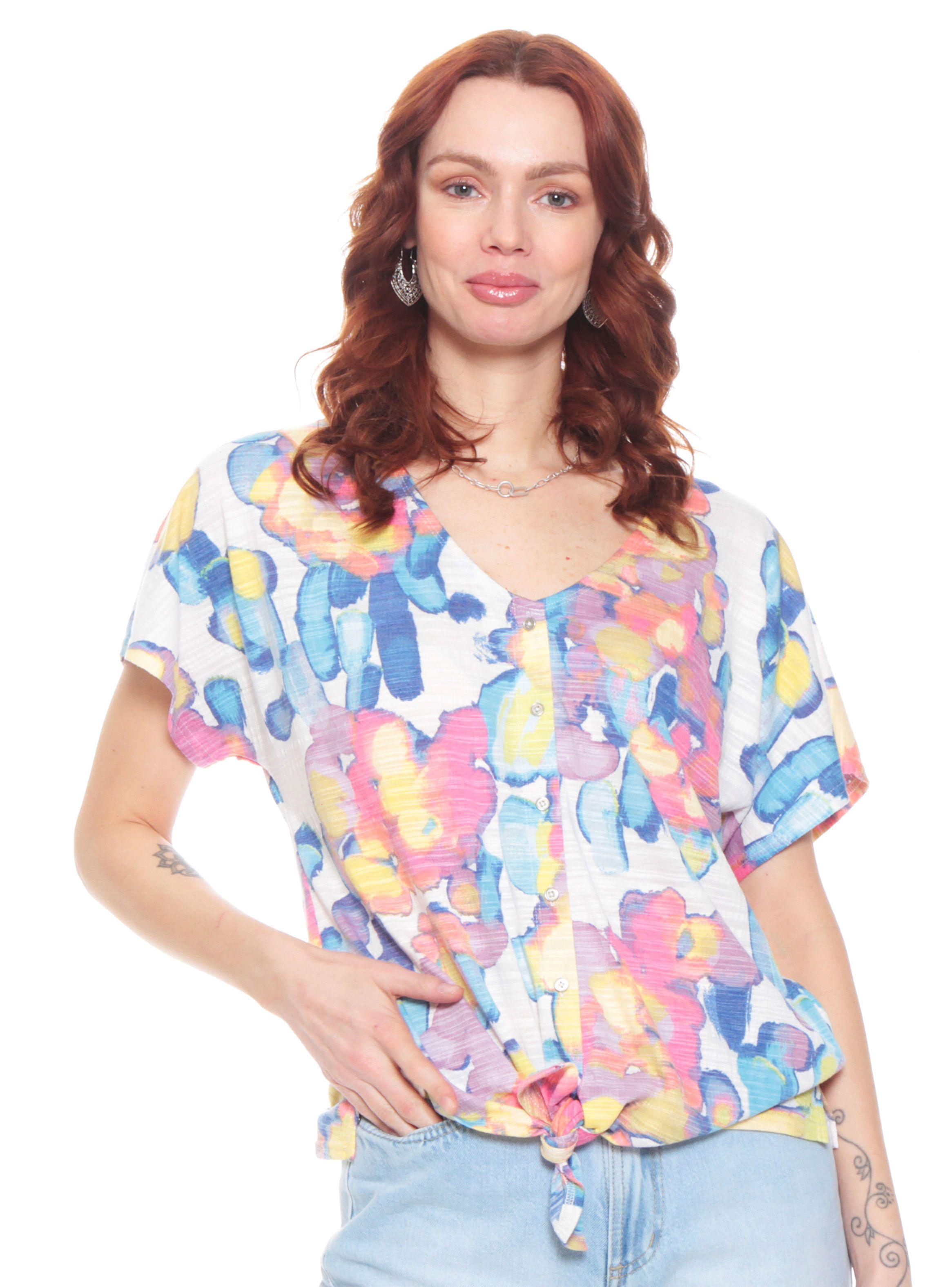 Blusa Estampada Anudada Manga Corta Escote V-0