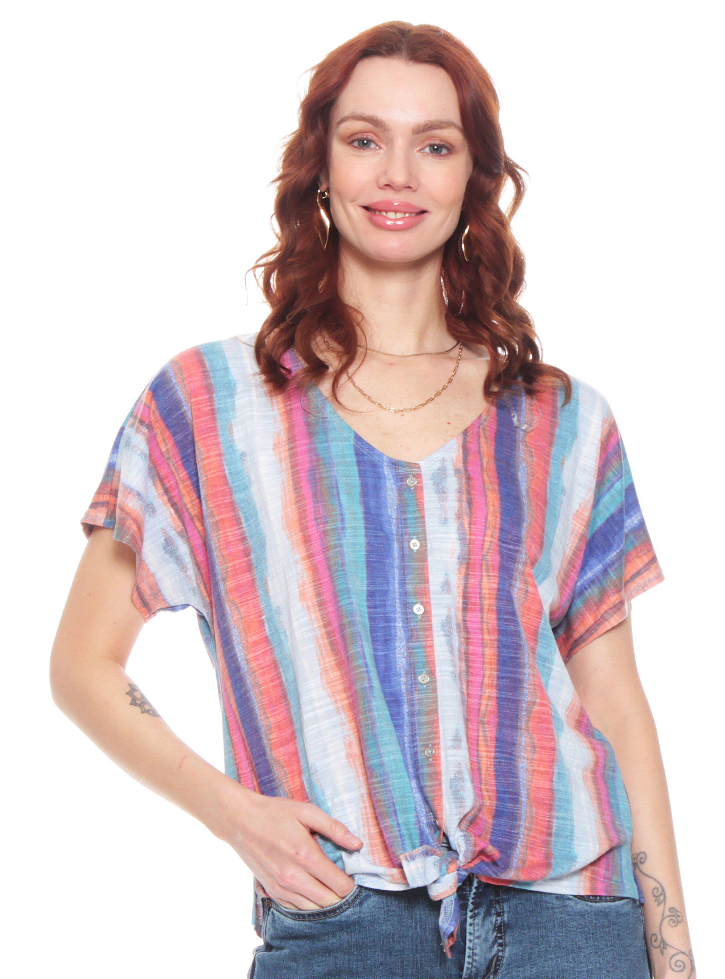 Blusa Estampada Anudada Manga Corta Escote V-0