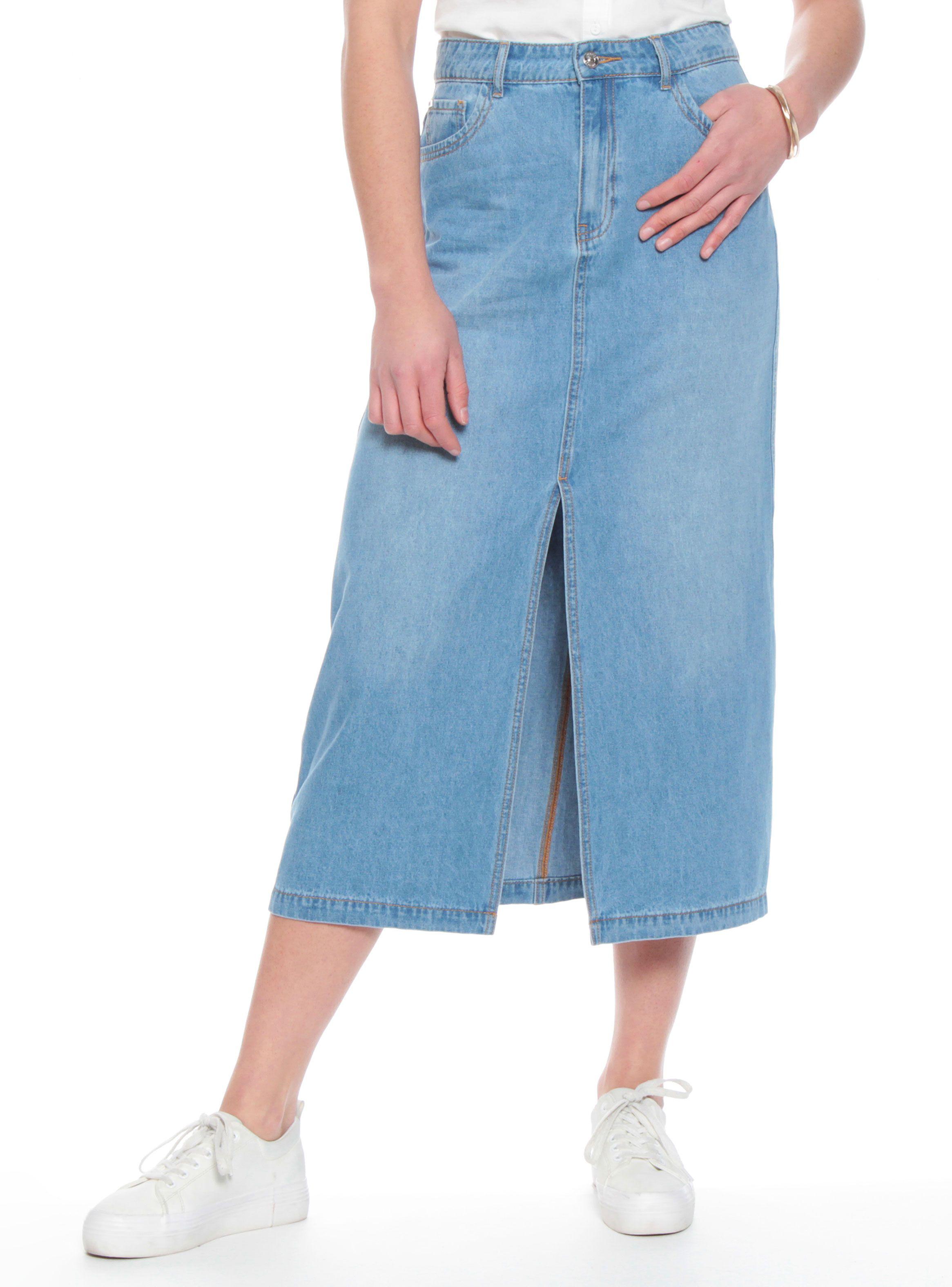 Falda Denim Midi con Corte en Delantero-0