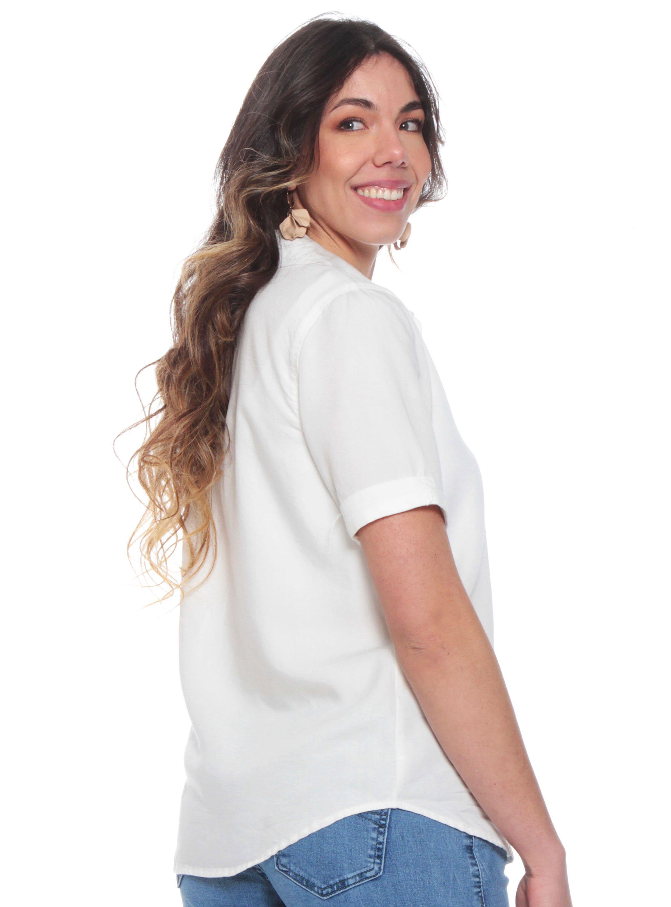 Blusa Manga Corta Lyocell Sólida Abotonada Cuello Camisero-1