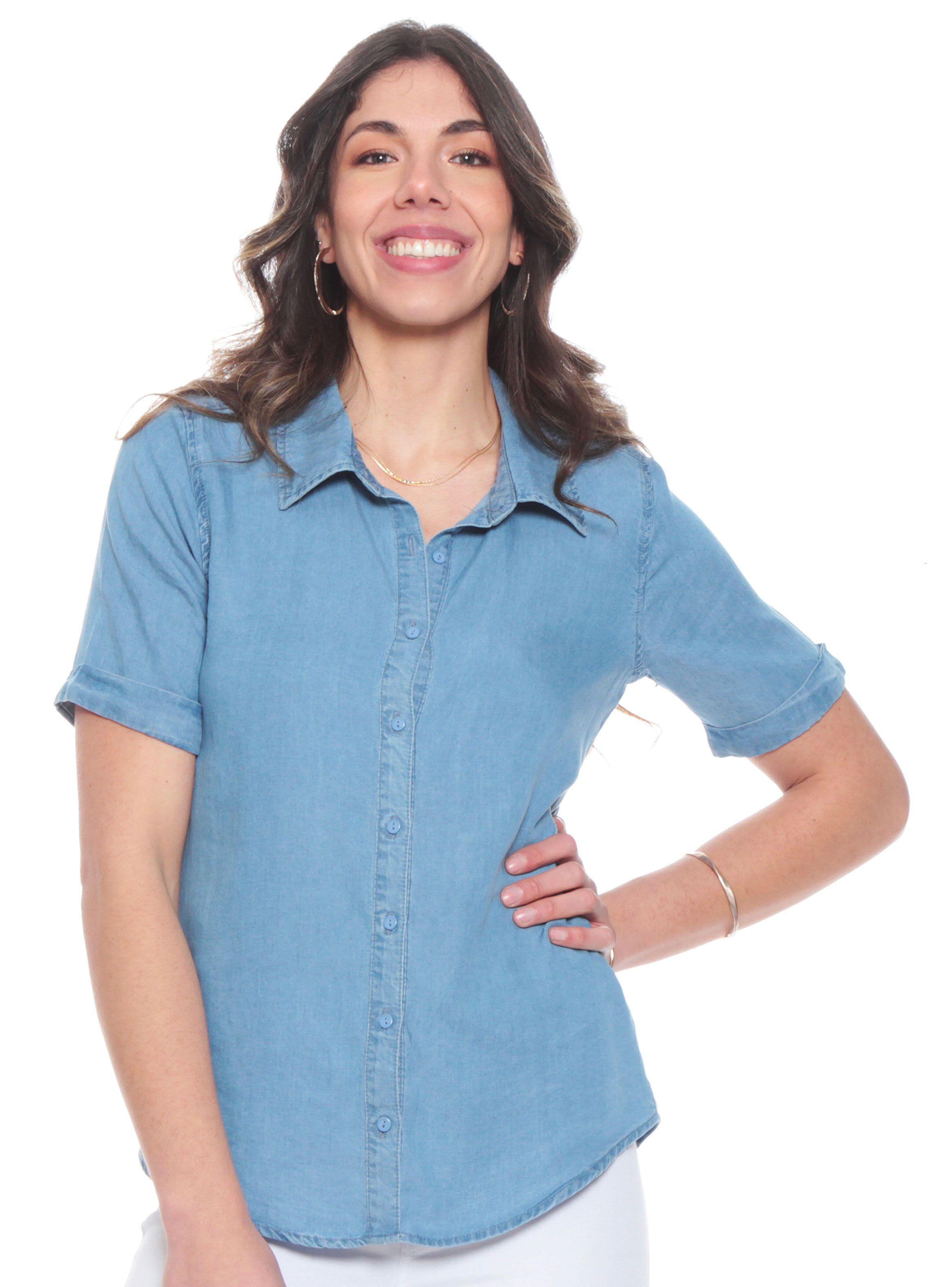 Blusa Manga Corta Lyocell Sólida Abotonada Cuello Camisero-0