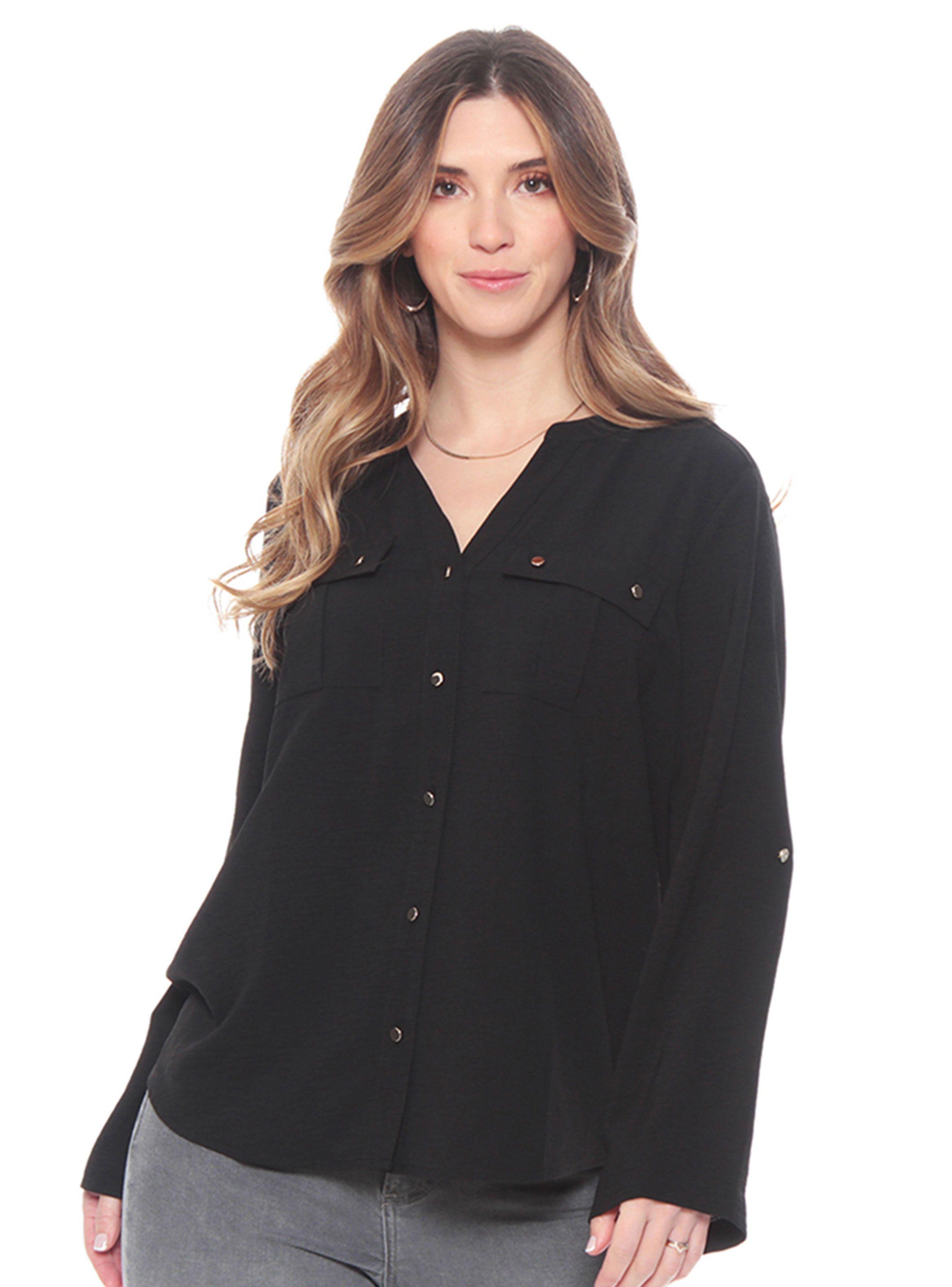 Blusa Manga Larga con Cuello Mao y Bolsillos-0