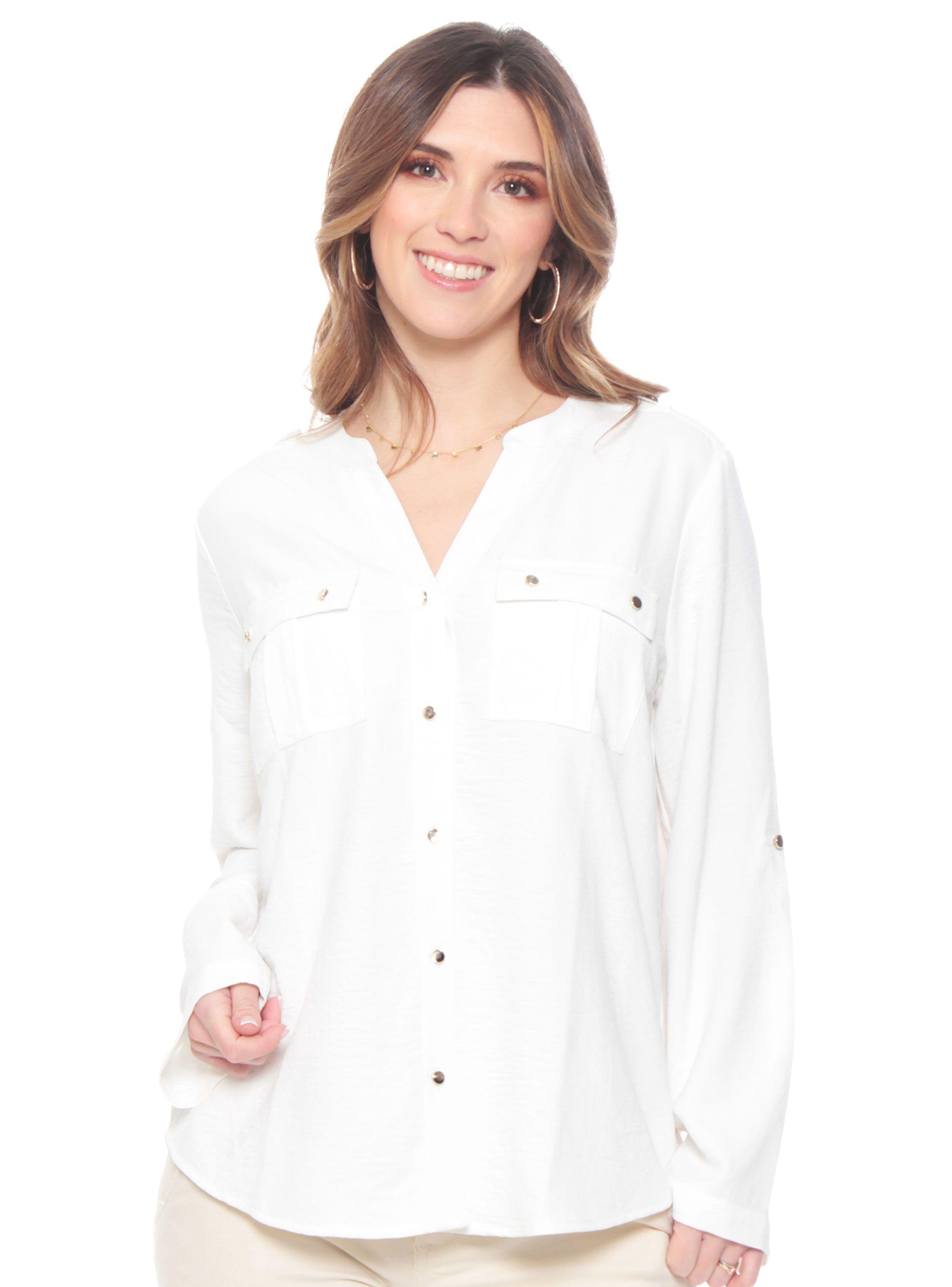 Blusa Manga Larga con Cuello Mao y Bolsillos-0