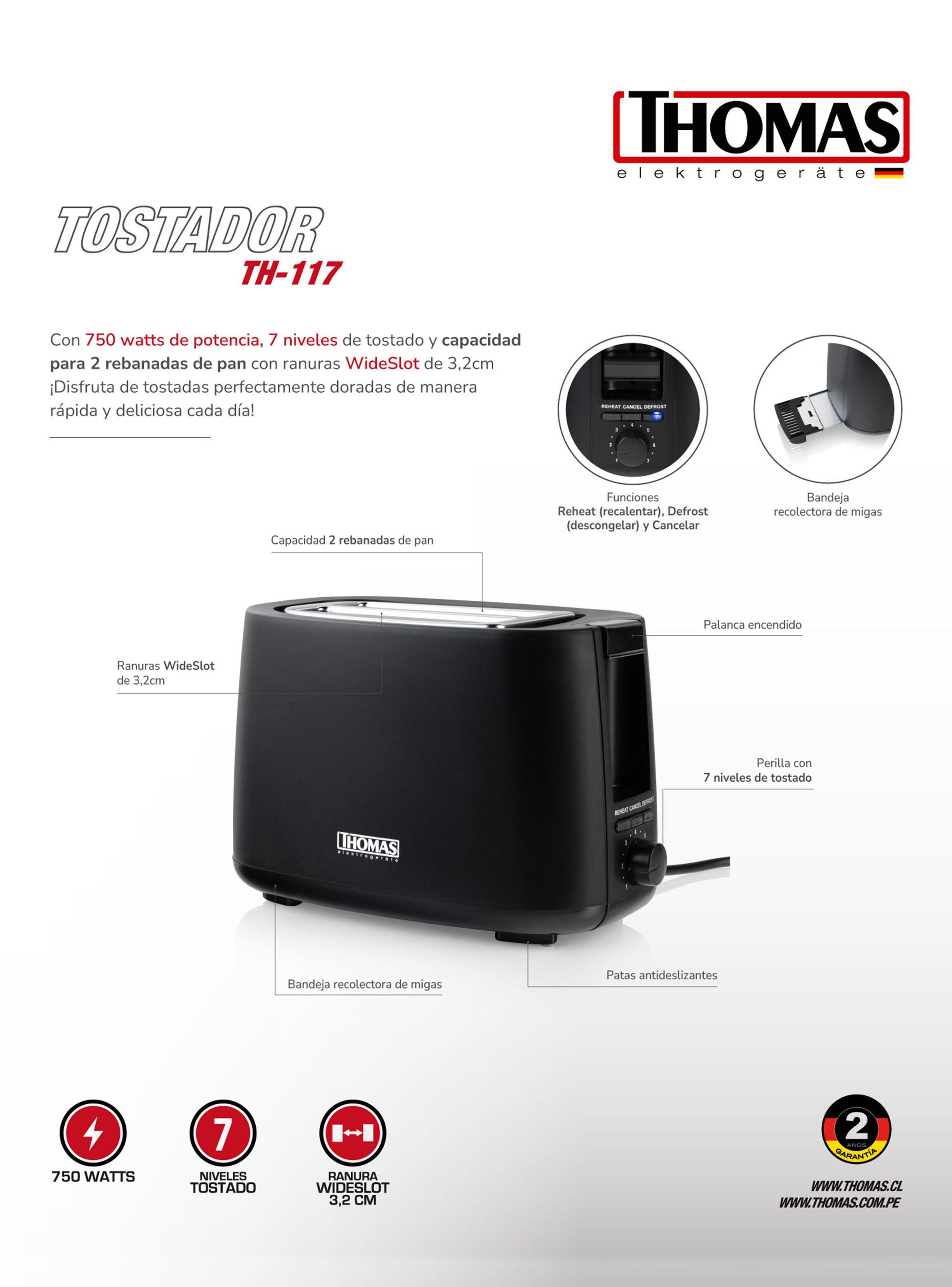 Tostador Eléctrico 2 Rebanadas TH-117-8