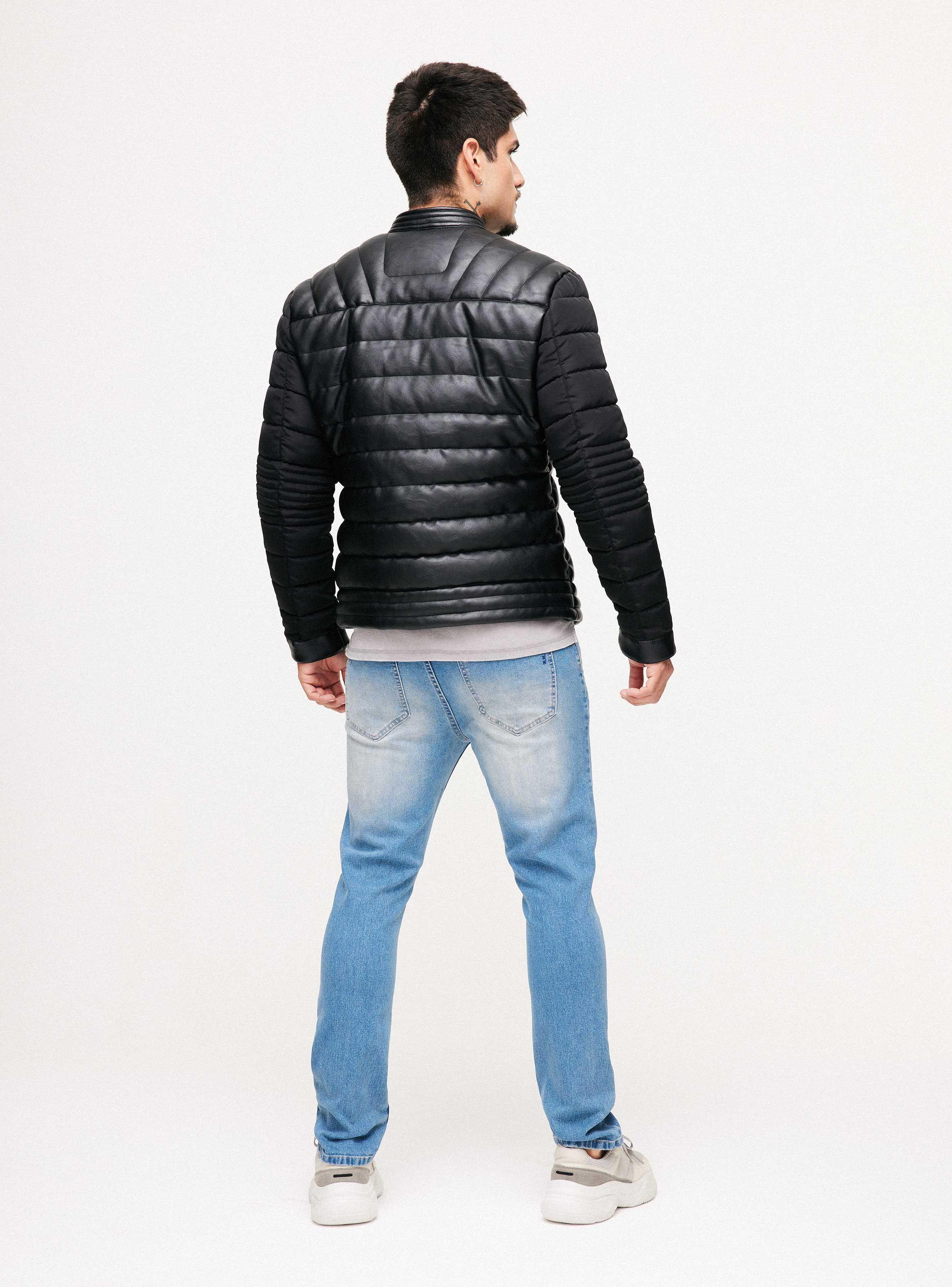 Chaqueta Biker Cuerpo Simil Cuero Mangas Tela Parka-5