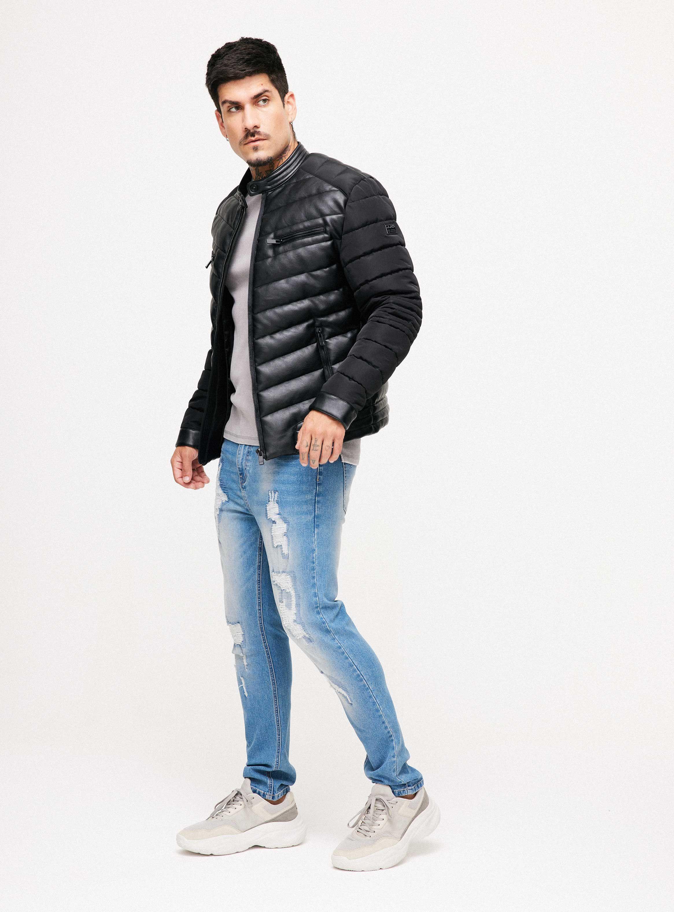 Chaqueta Biker Cuerpo Simil Cuero Mangas Tela Parka-4