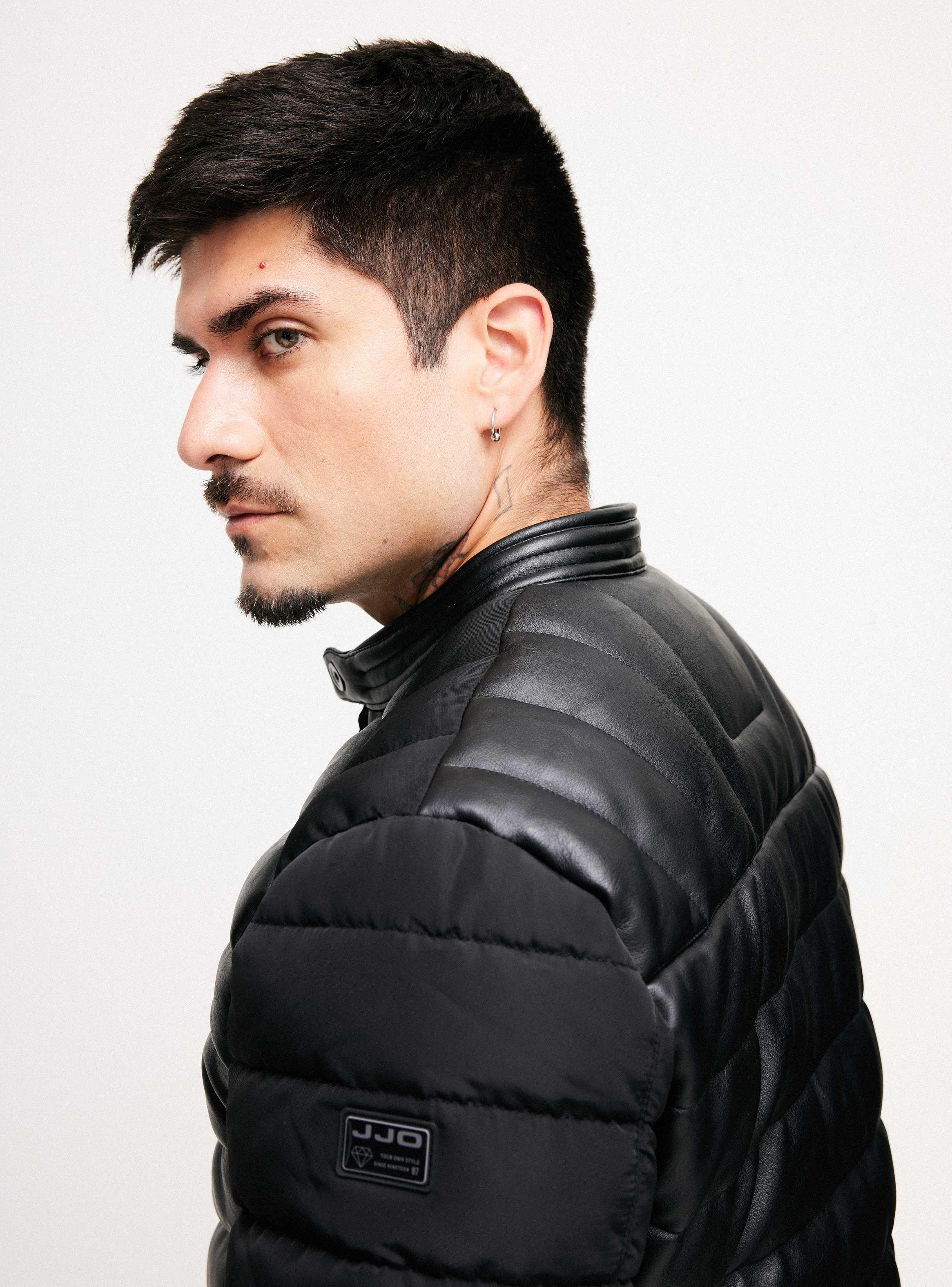 Chaqueta Biker Cuerpo Simil Cuero Mangas Tela Parka-3