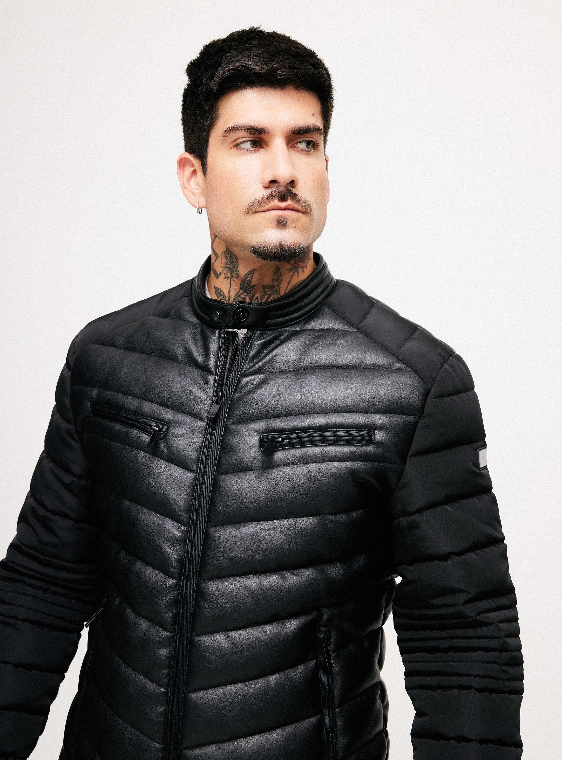 Chaqueta Biker Cuerpo Simil Cuero Mangas Tela Parka-2