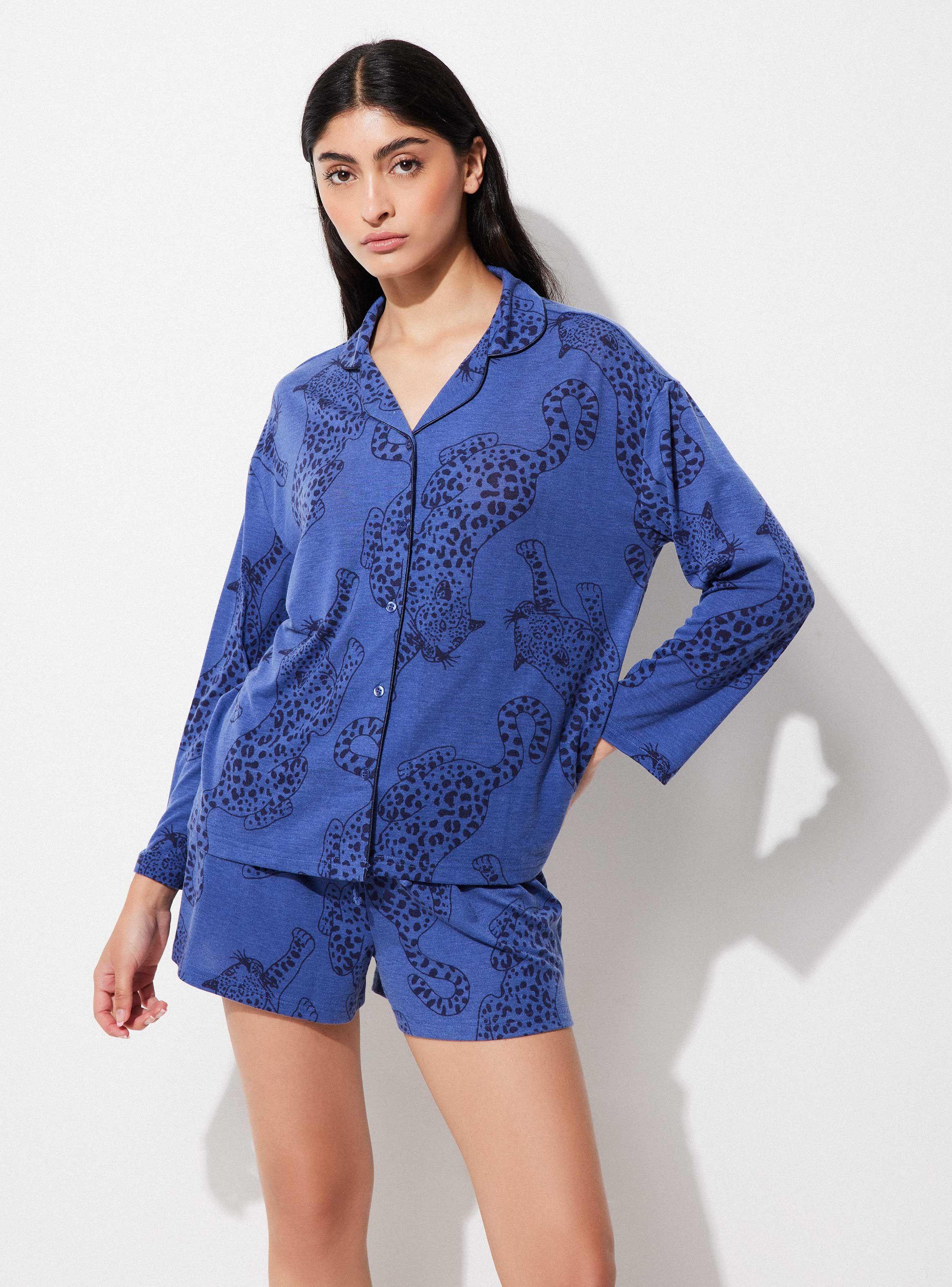 Pijama Camisero Manga Larga Pantalón Corto Printeado-0