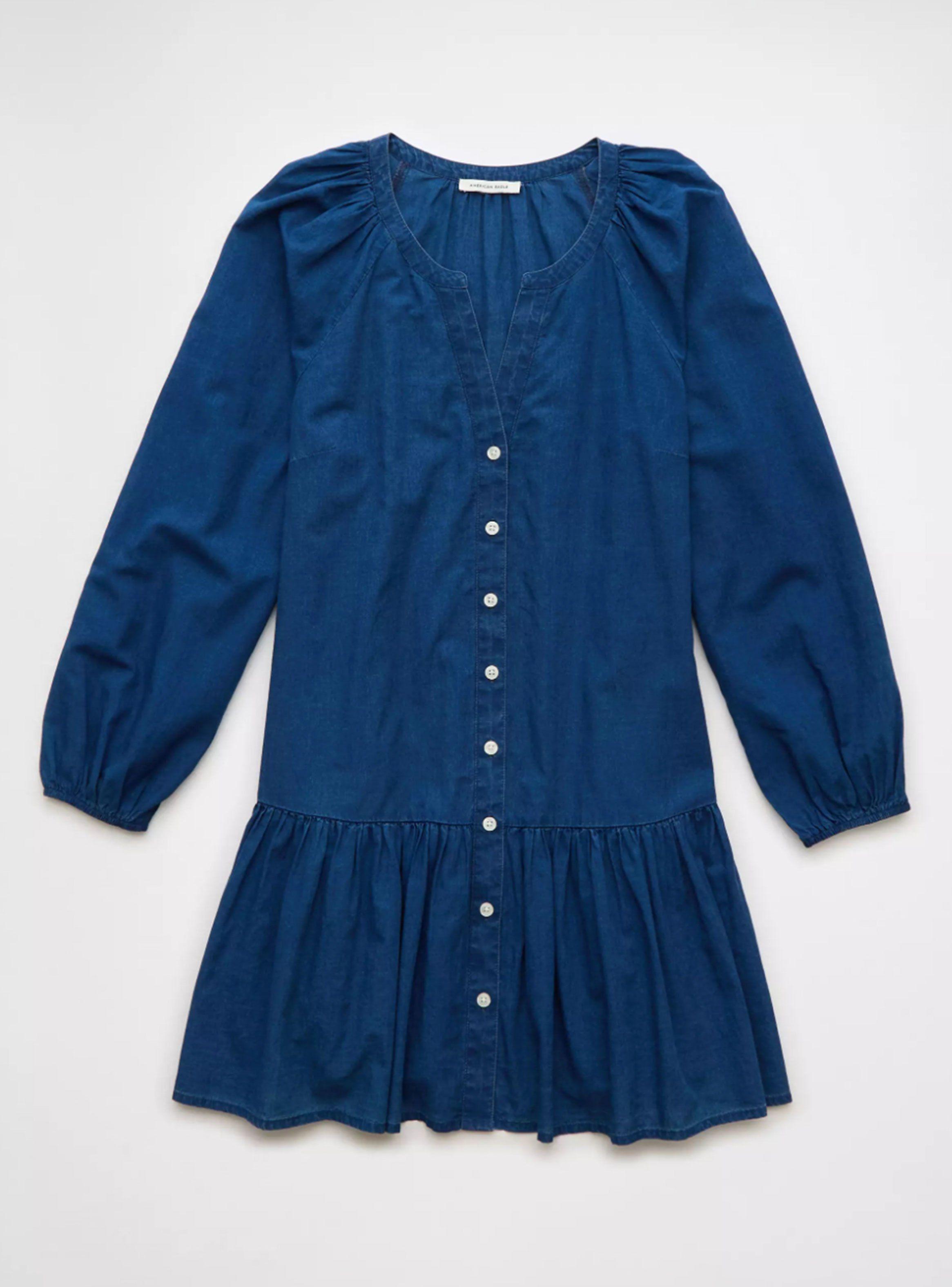 Vestido Ae Corto Estilo Camisa con Cintura Caída-3