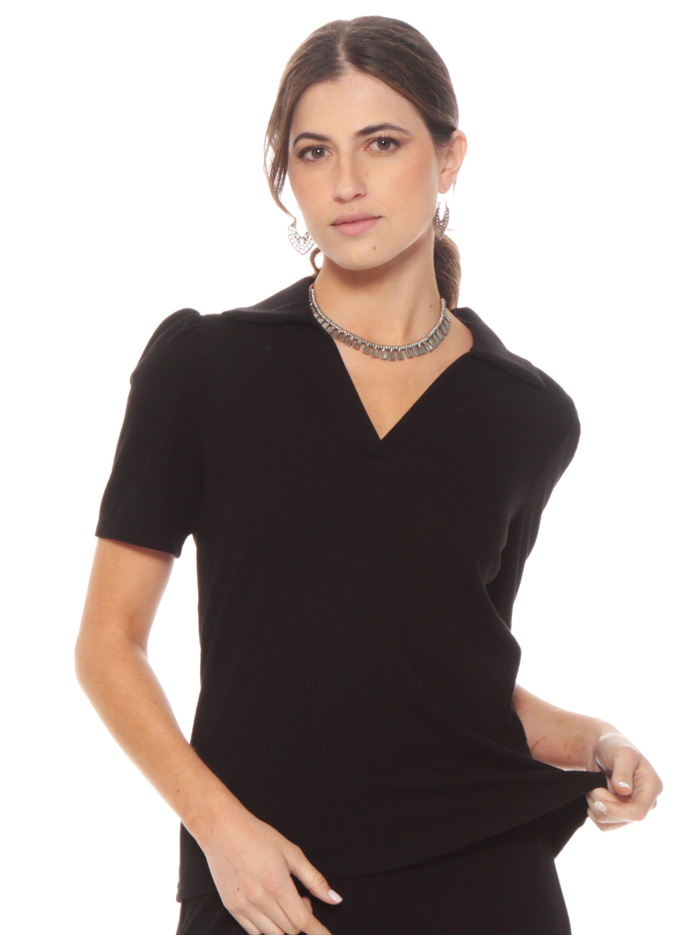 Polera Manga Corta Sólida Escote Cuello V-0