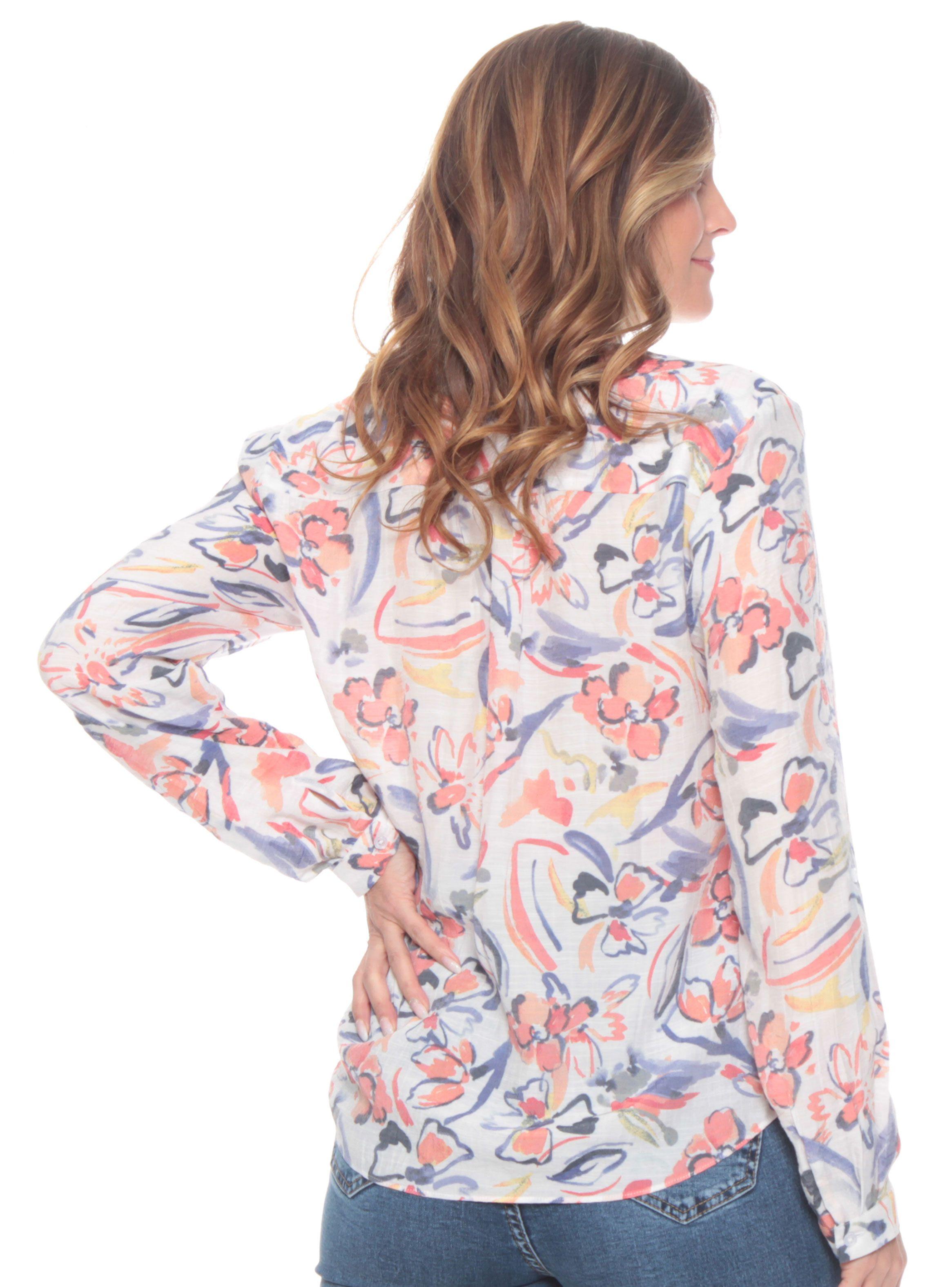 Blusa Manga Larga Estampada Abotonada en Delantero Escote V-1