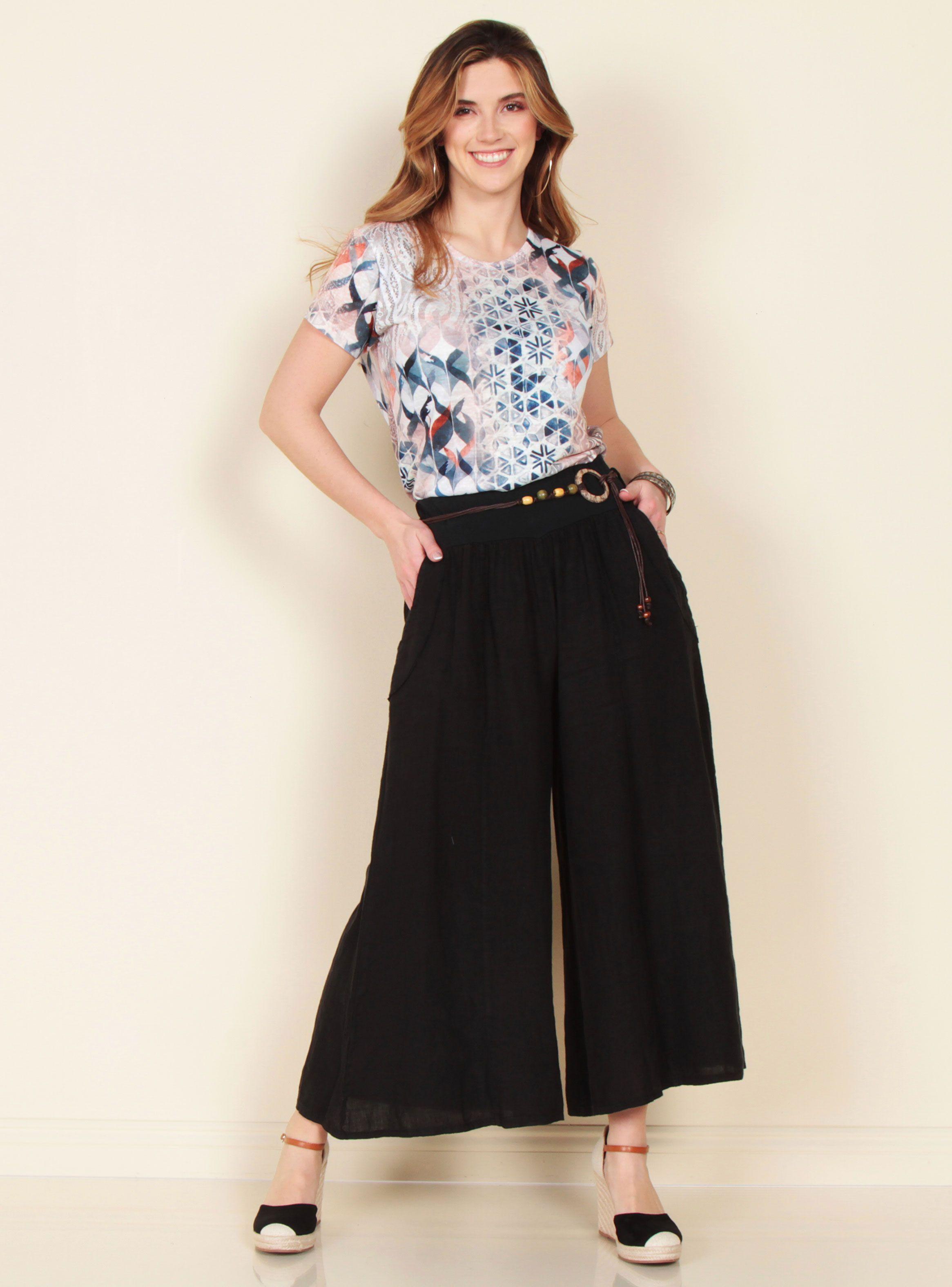 Pantalón Wide Leg Lino Sólido con Cinturón-3