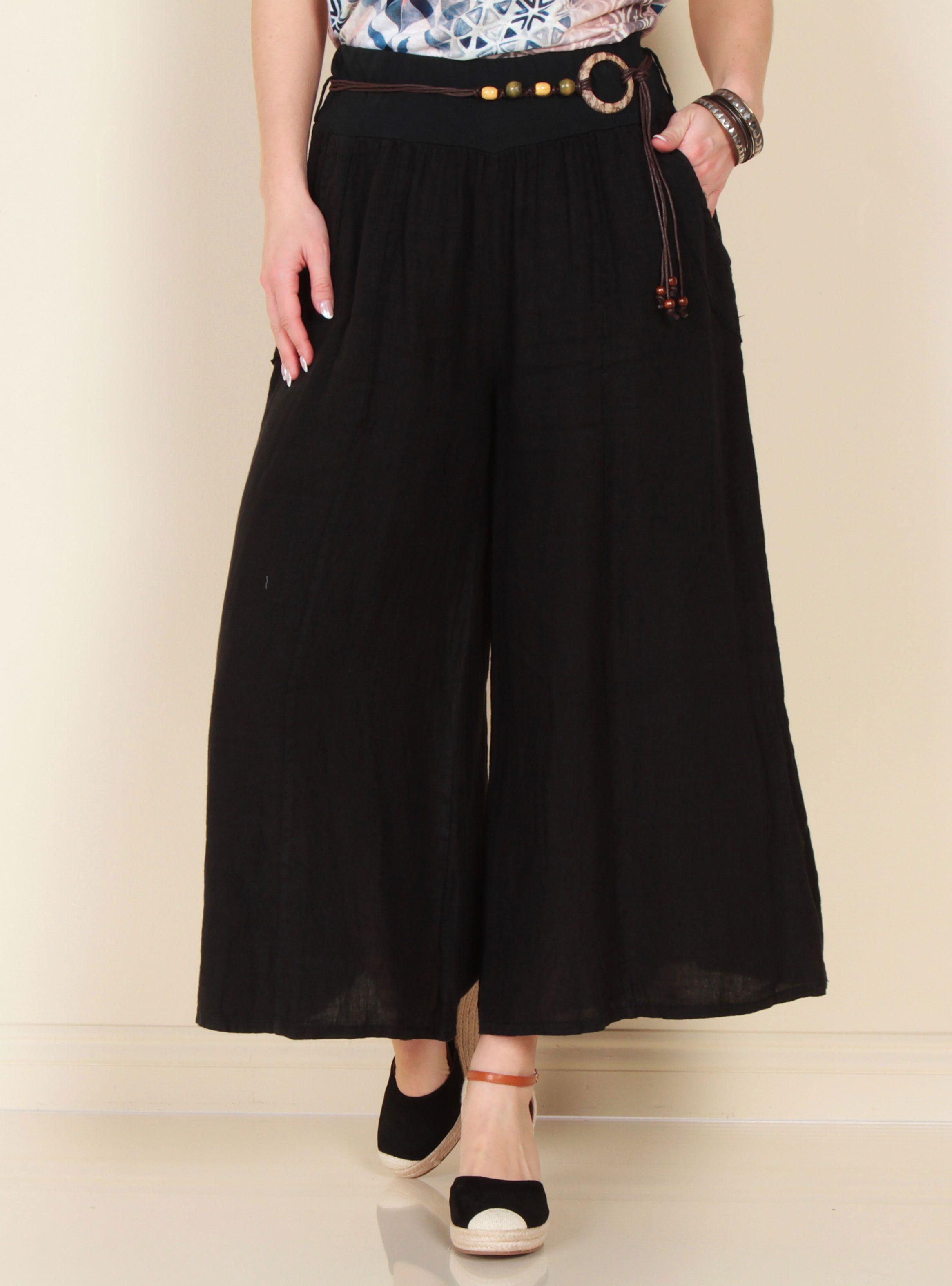 Pantalón Wide Leg Lino Sólido con Cinturón-0