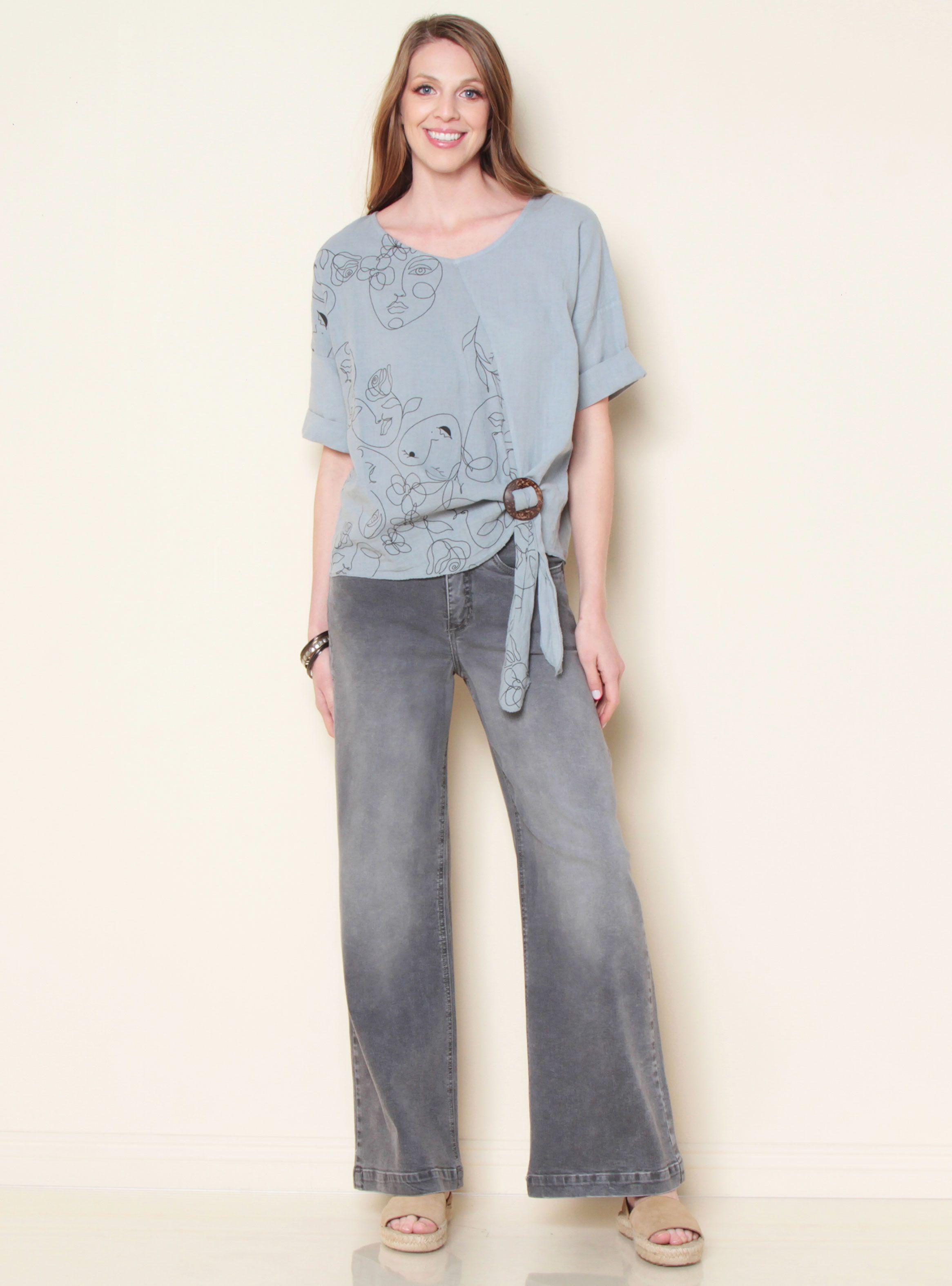 Blusa Lino Sólida Manga Corta Escote V Estampada-3