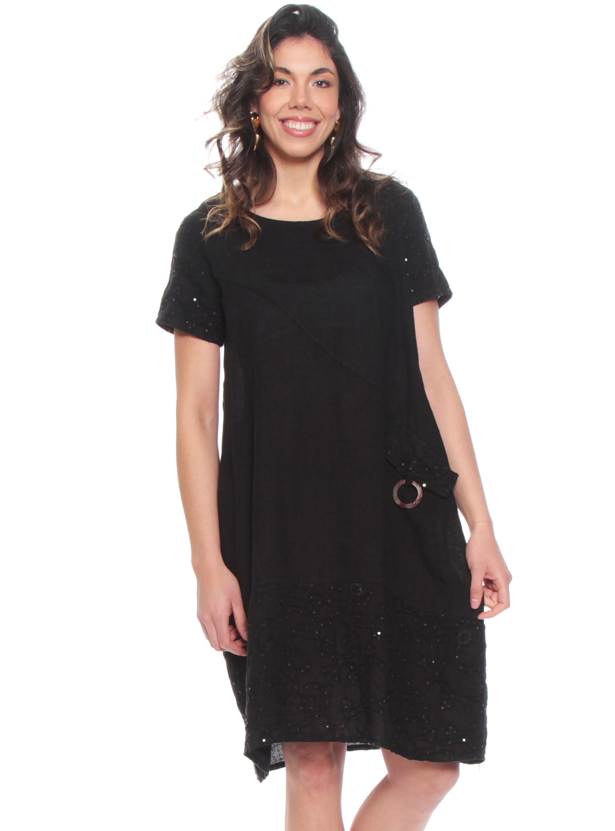 Vestido Bordado Manga Corta Lino Escote Redondo-0