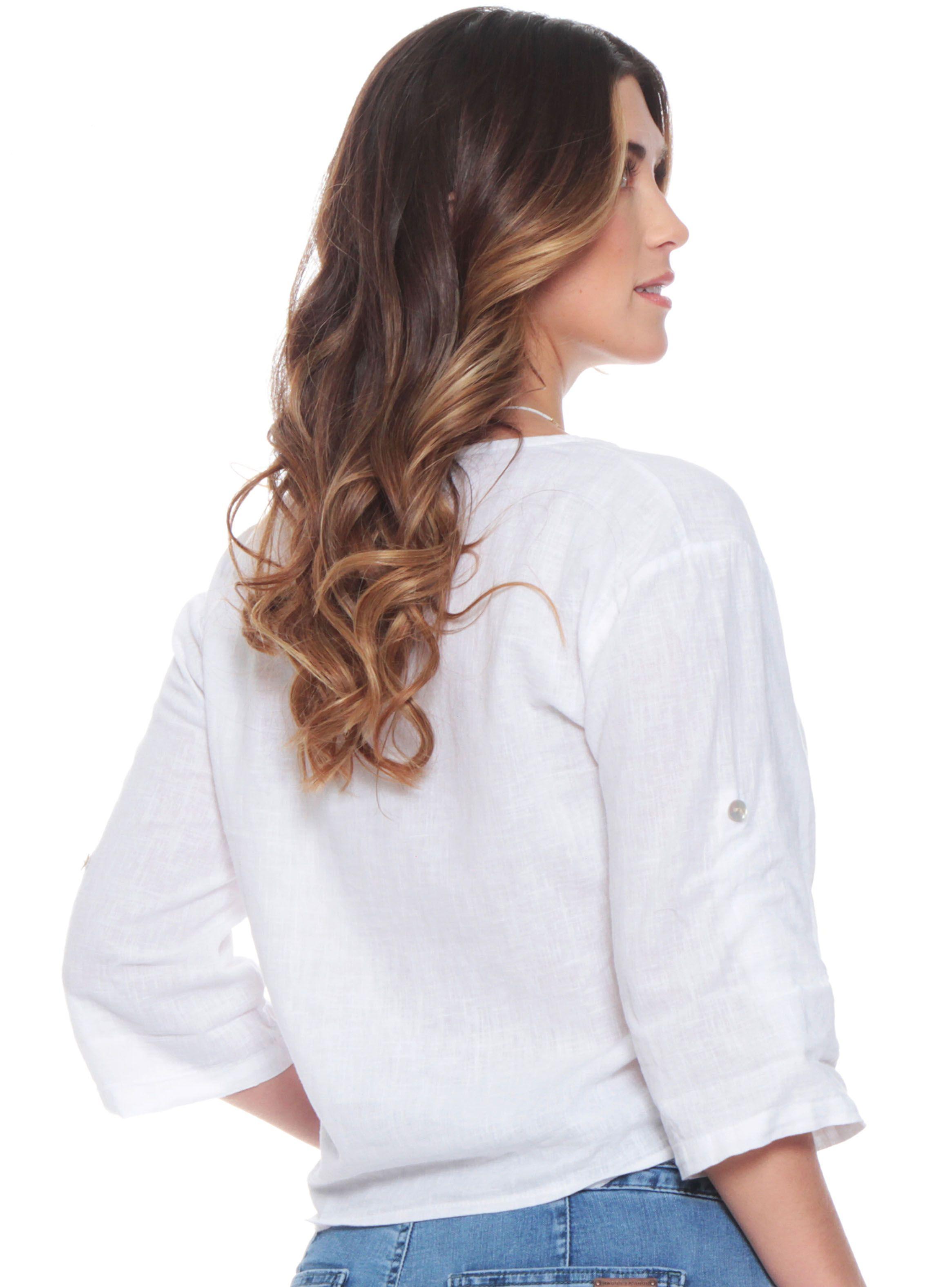 Blusa Manga Ajustable Lino Sólida Escote V Cintura Amarrada-1