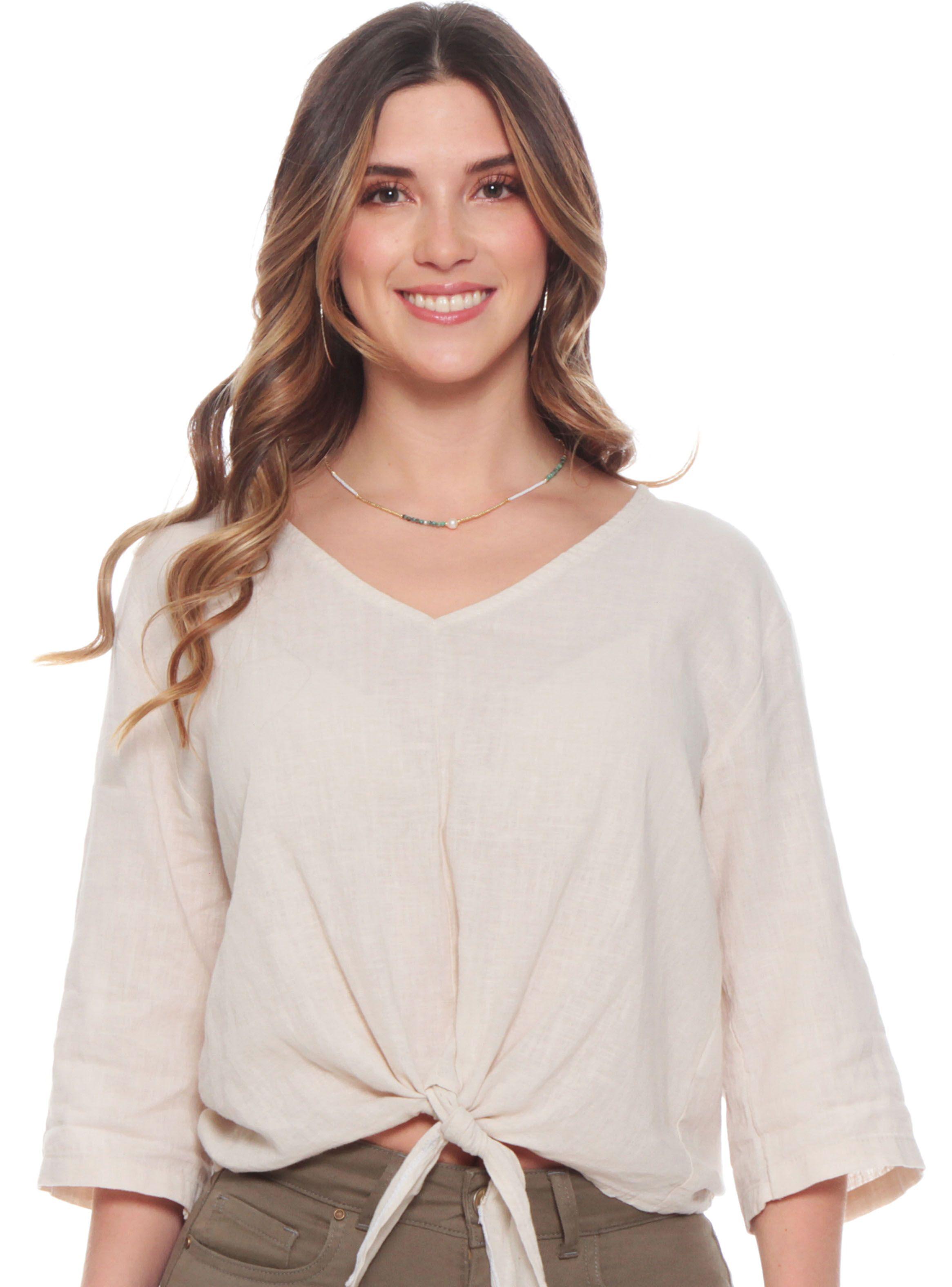 Blusa Manga Ajustable Lino Sólida Escote V Cintura Amarrada-0