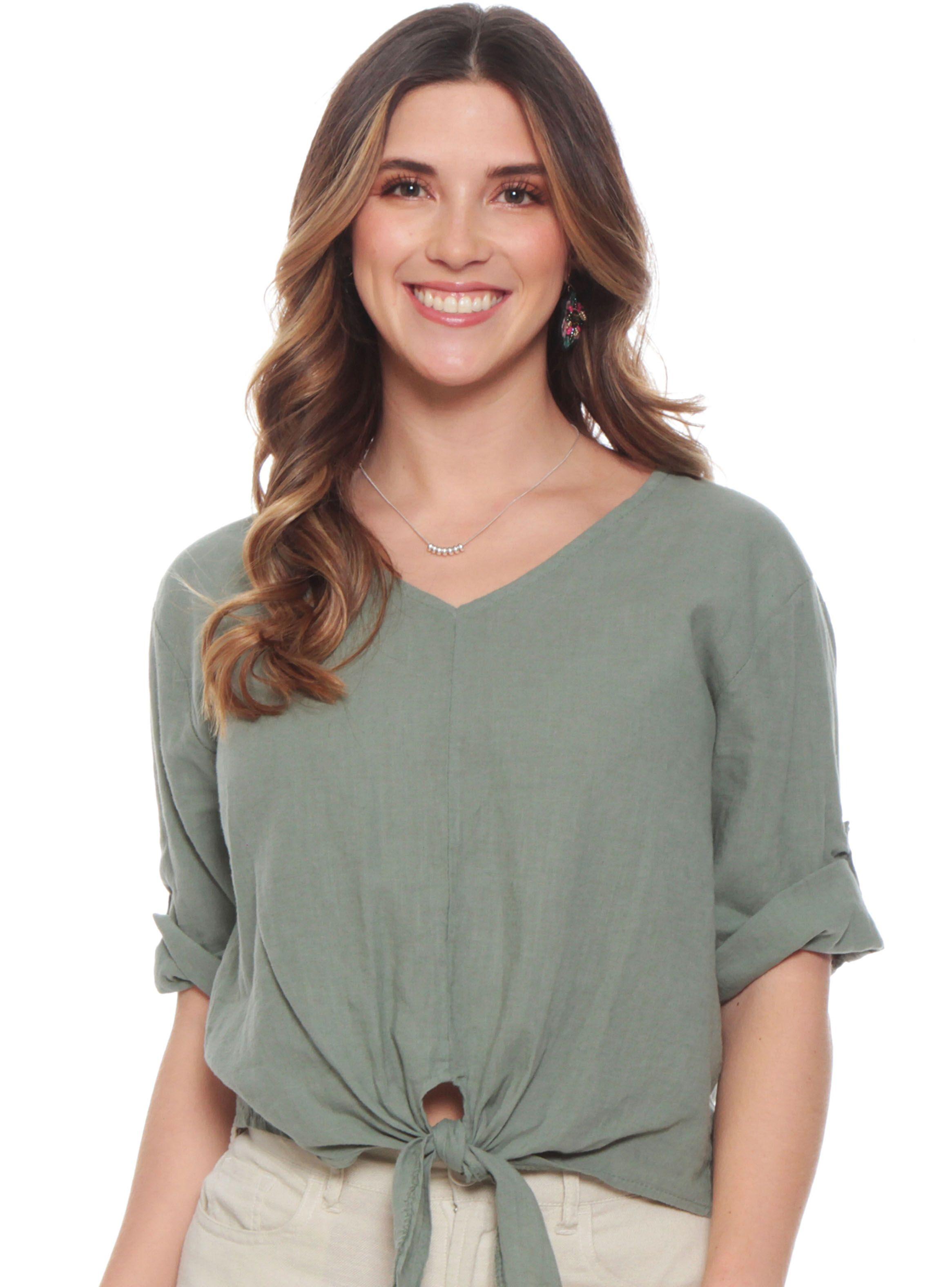 Blusa Manga Ajustable Lino Sólida Escote V Cintura Amarrada-0