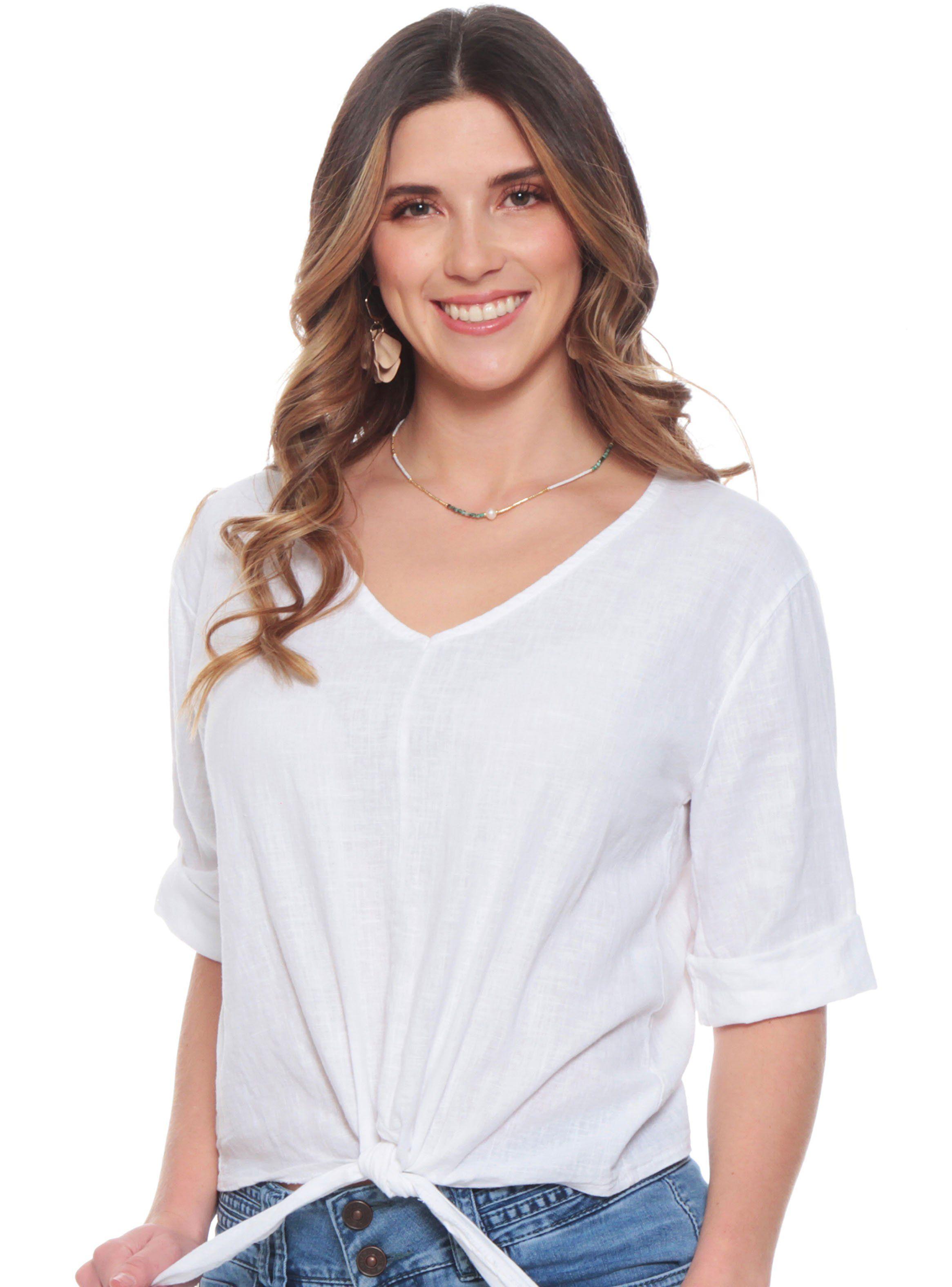 Blusa Manga Ajustable Lino Sólida Escote V Cintura Amarrada-0