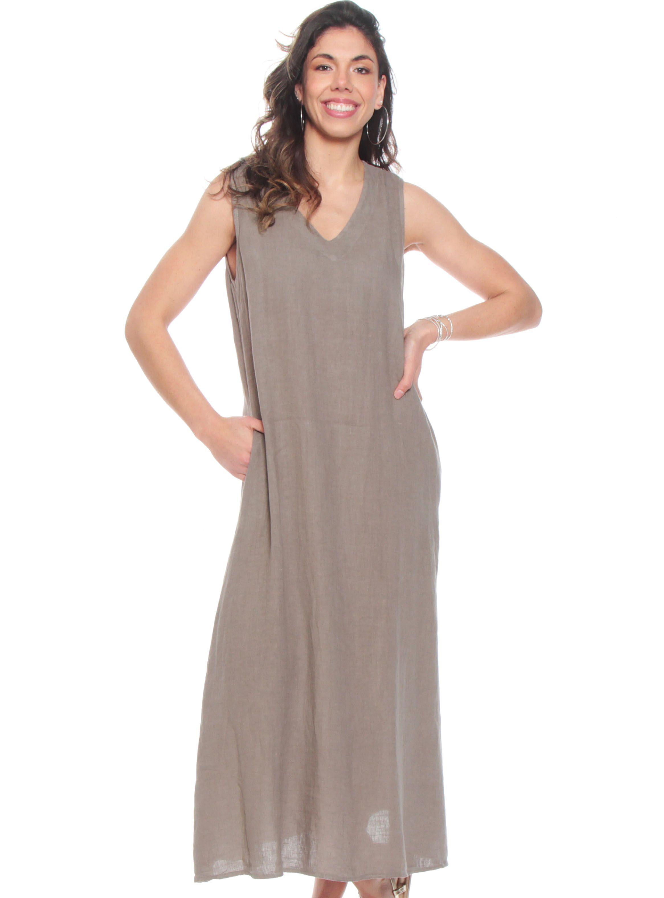 Vestido Lino con Bolsillos Escote V-0