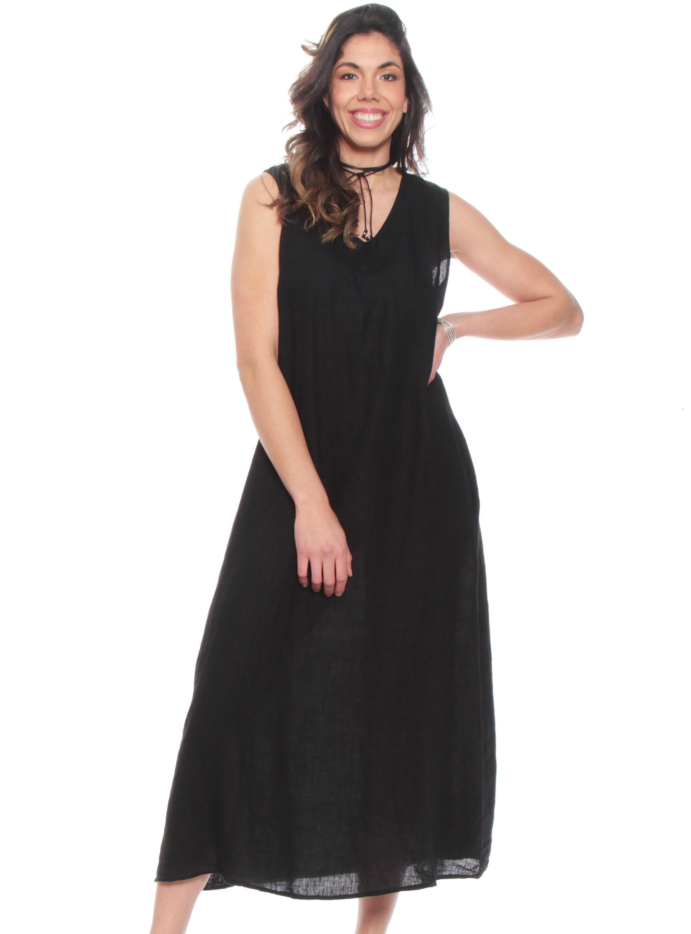 Vestido Lino con Bolsillos Escote V-0