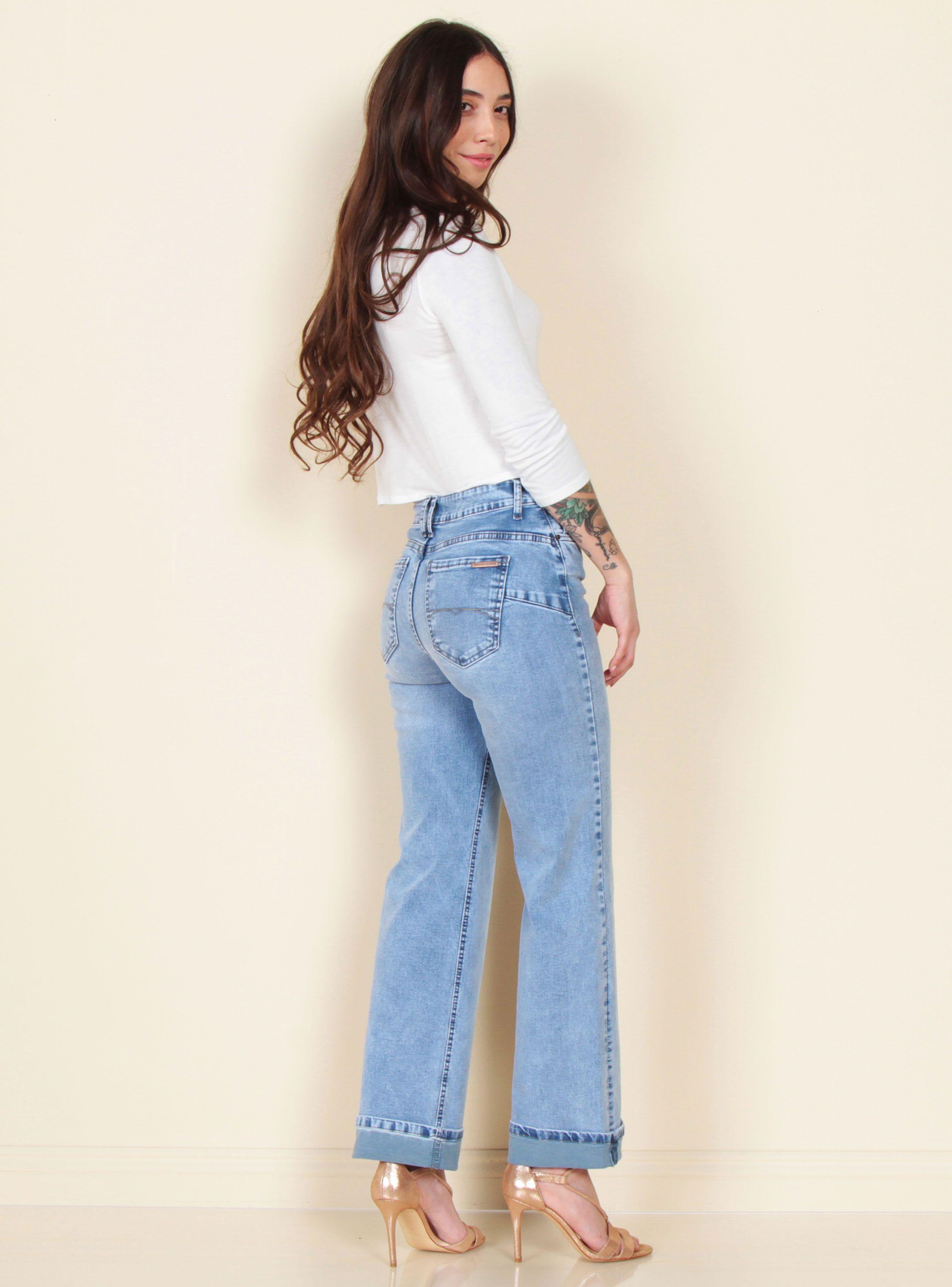 Jeans Recto Tiro Alto Roll Up Push Up Pretina-4