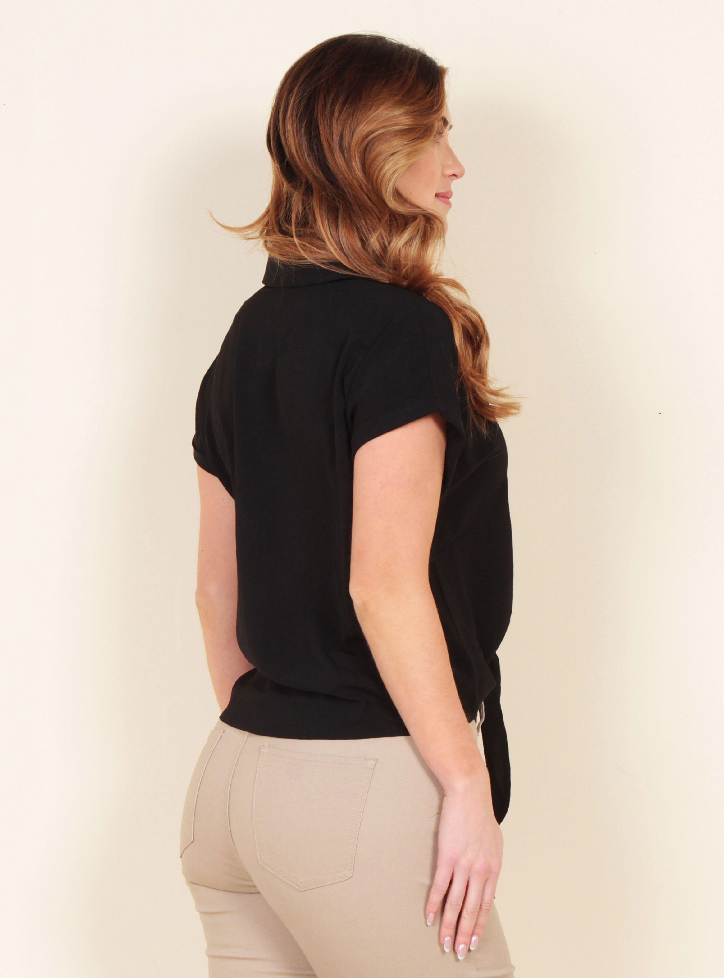 Blusa Manga Corta Sólida Cuello Camisero Amarra en Cintura-1