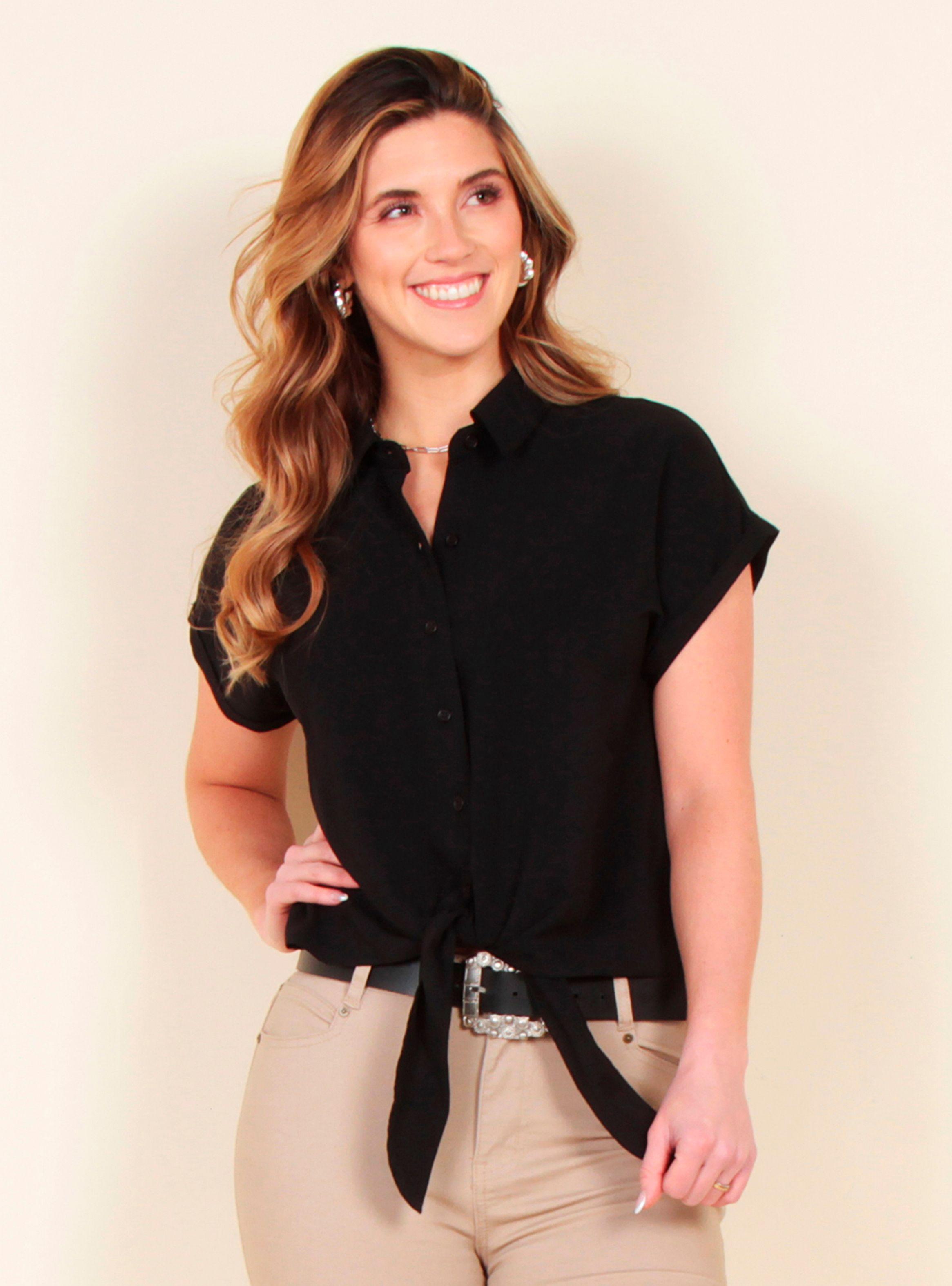 Blusa Manga Corta Sólida Cuello Camisero Amarra en Cintura-2