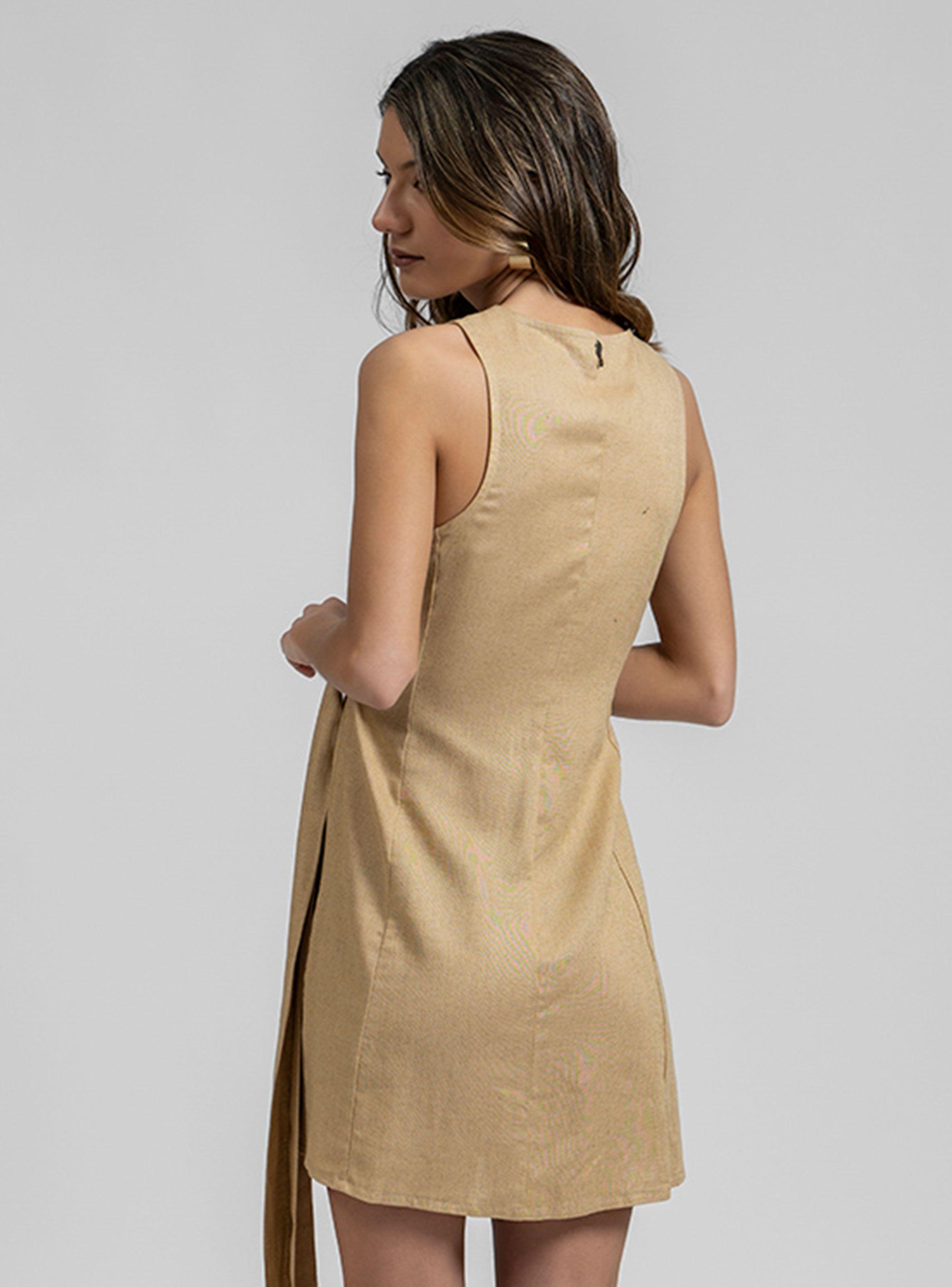 Vestido Isa Lino con Amarra Camel-1