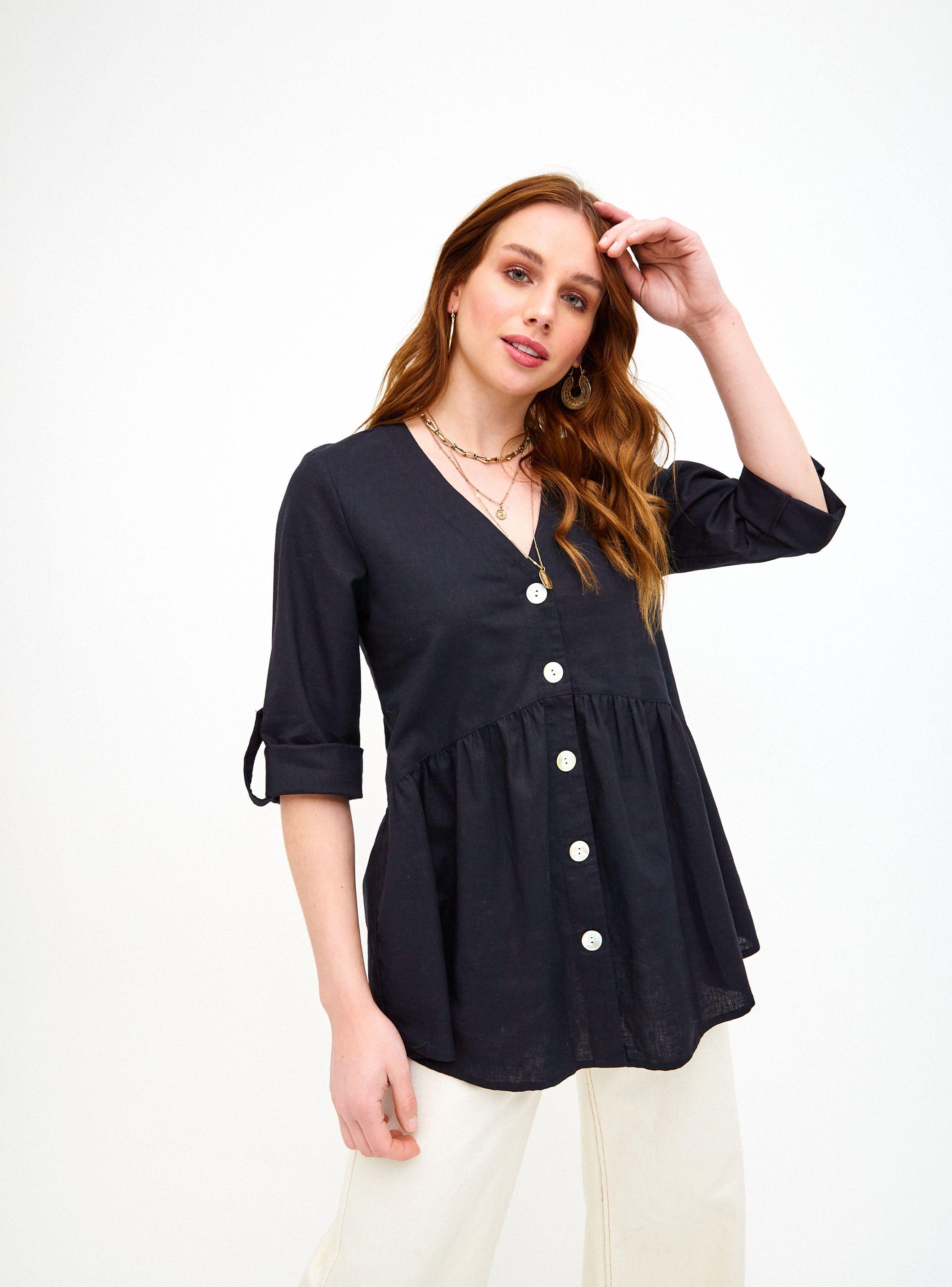 Blusa con Corte Cintura y Recogido Abotonada Delantero-0
