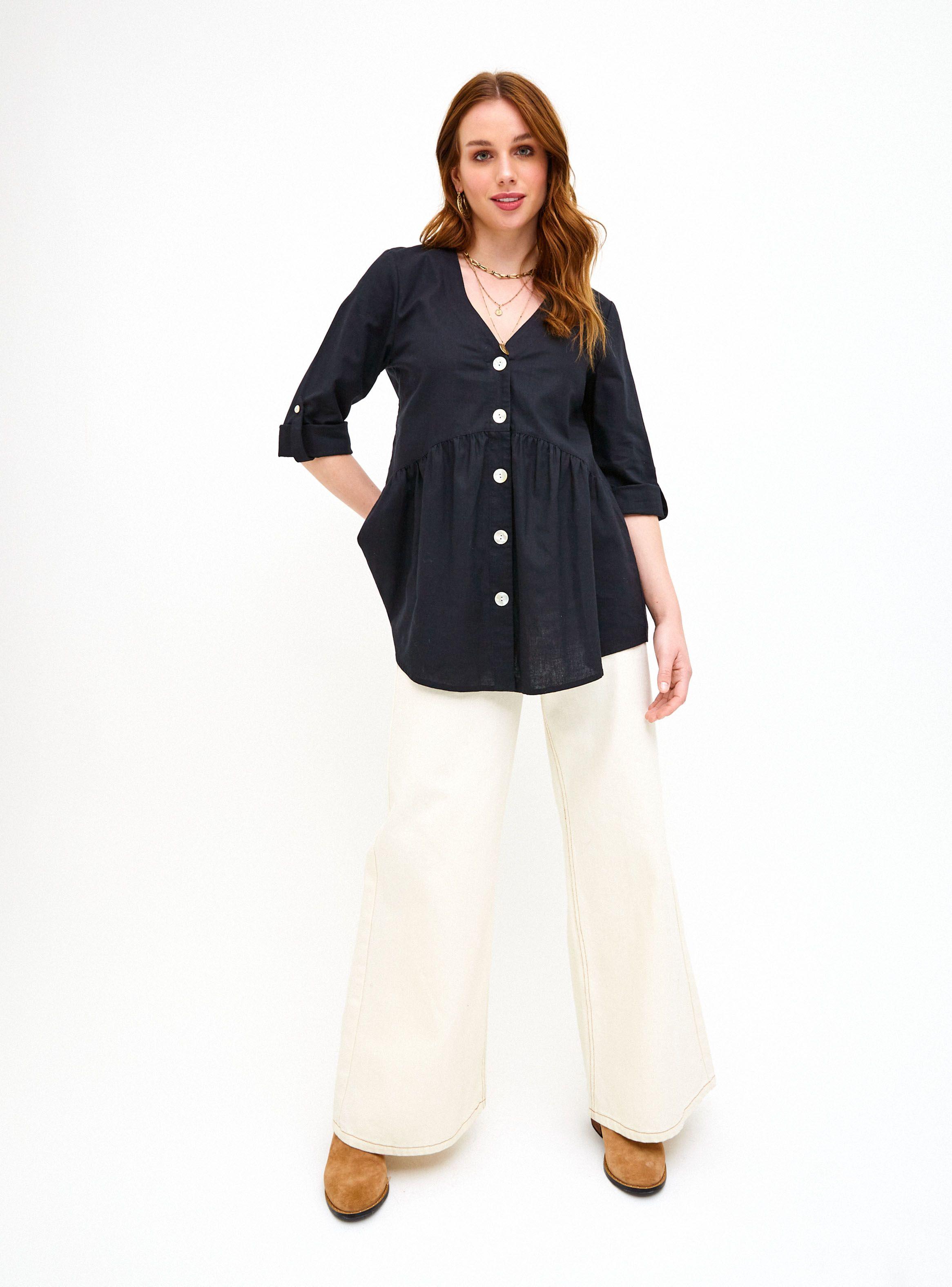 Blusa con Corte Cintura y Recogido Abotonada Delantero-3