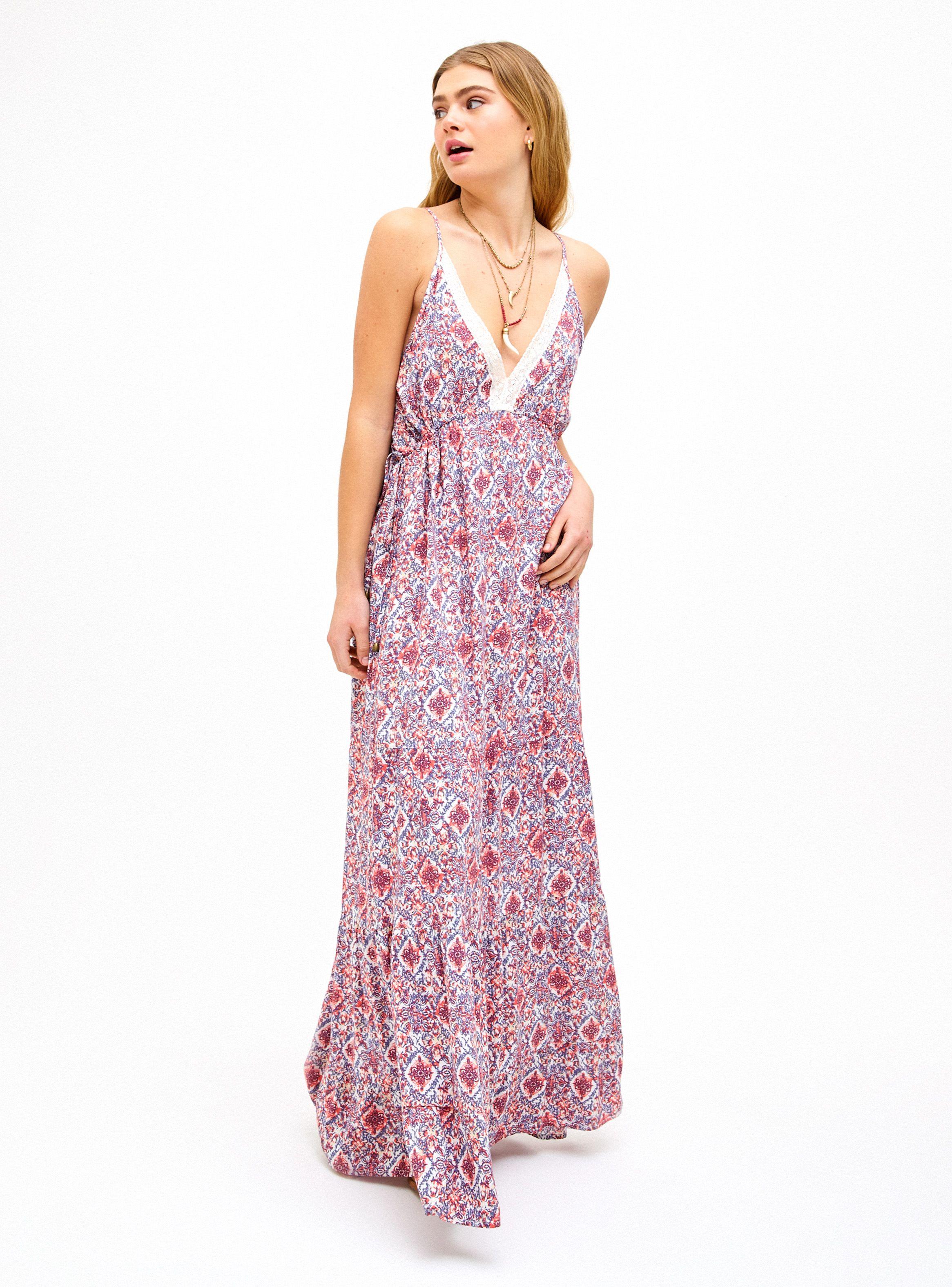 Vestido Largo Escote V con Cortes en Pisos y Full Estampado-0