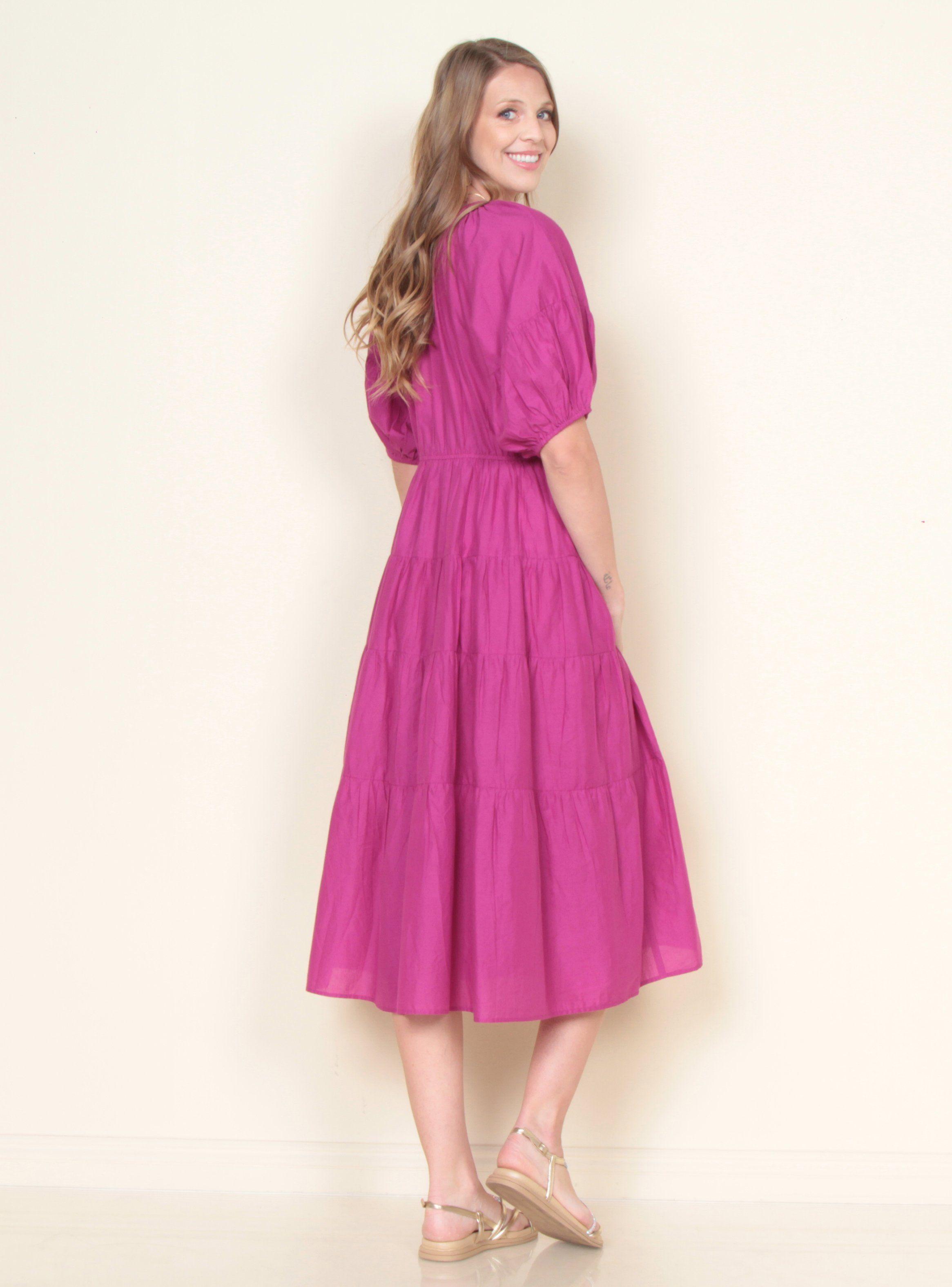 Vestido Sólido Manga Corta Globo Escote-1