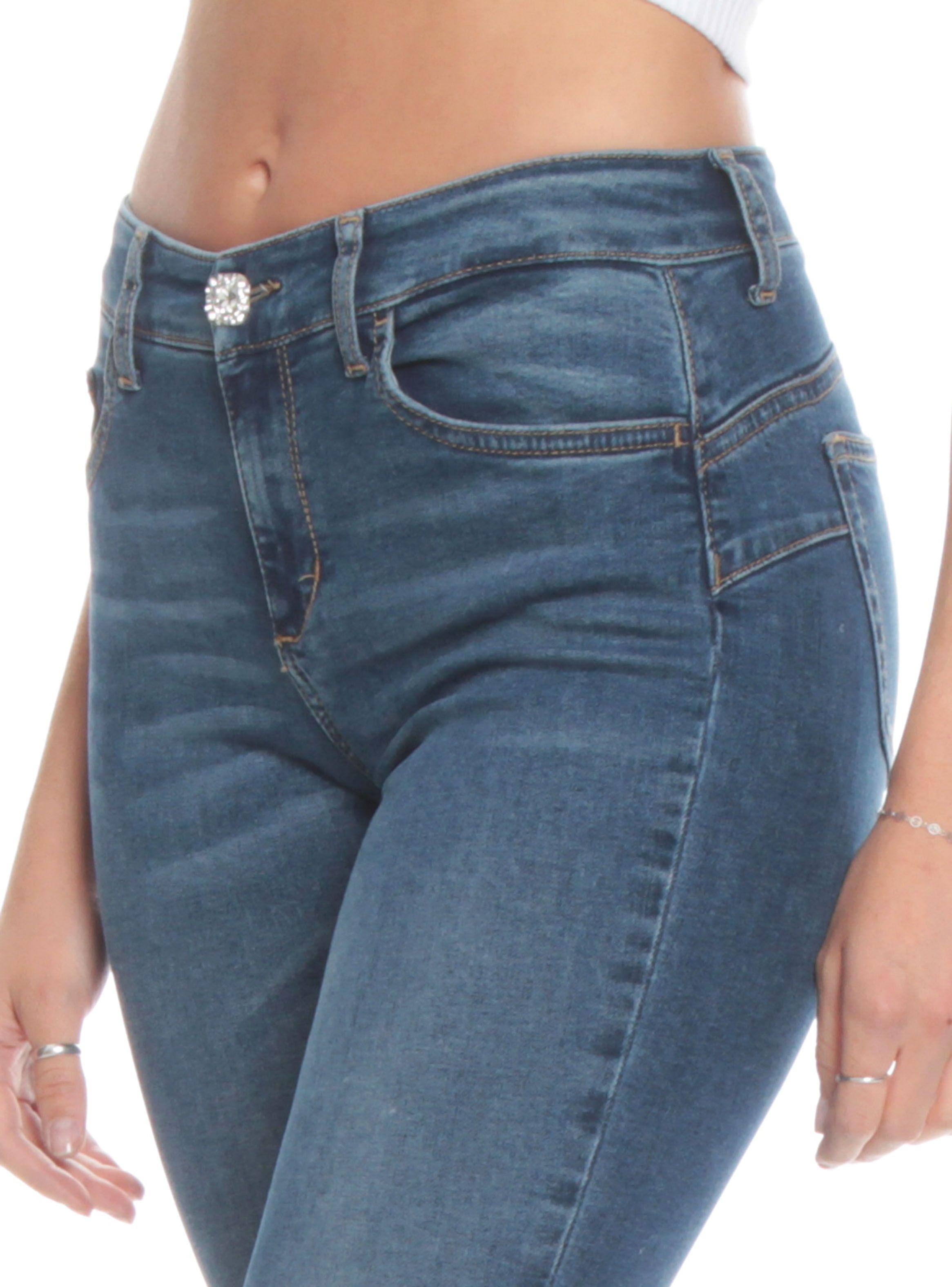 Jeans Flare Tiro Medio Botón Elástico Trasero-2