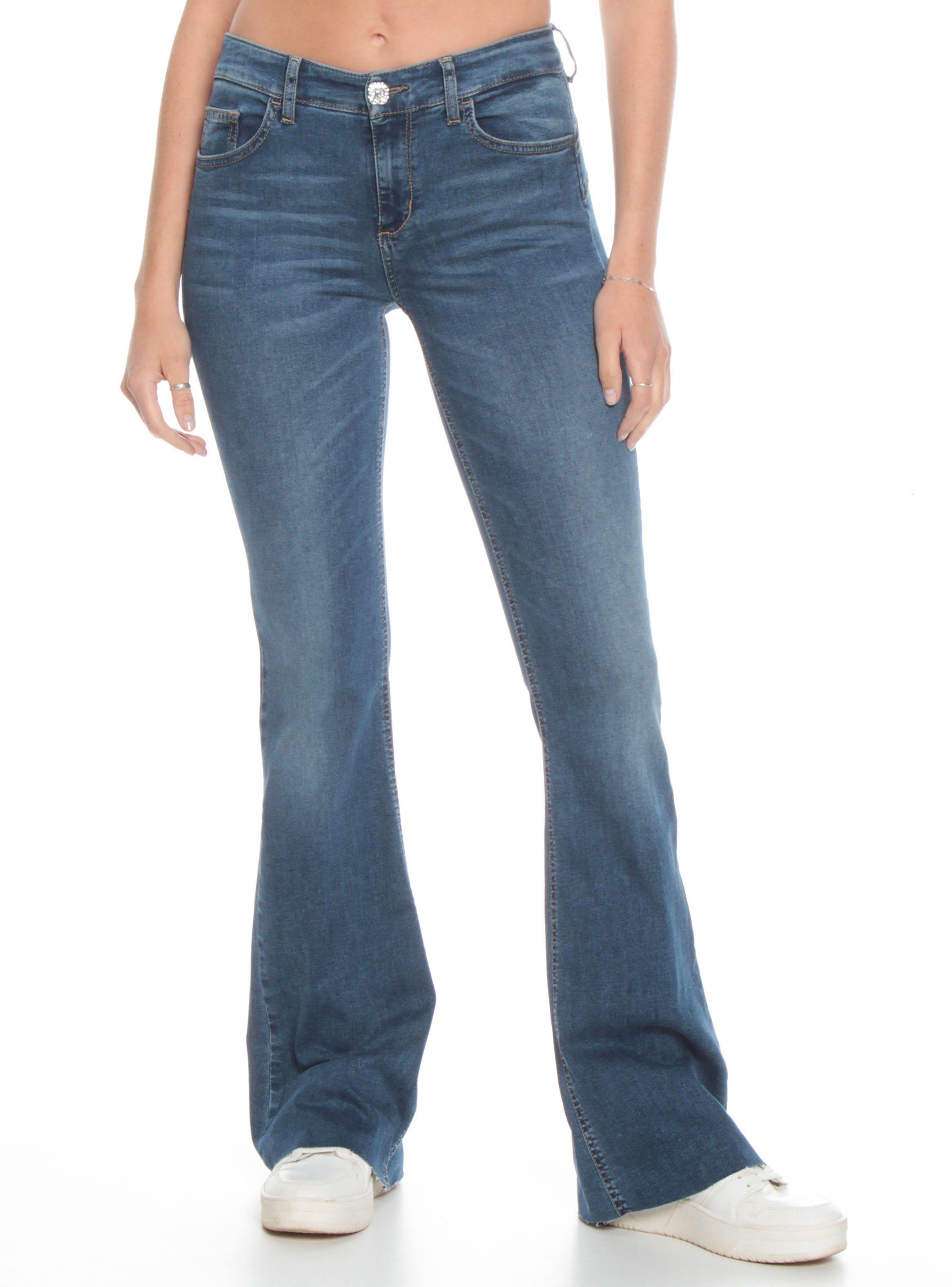 Jeans Flare Tiro Medio Botón Elástico Trasero-0