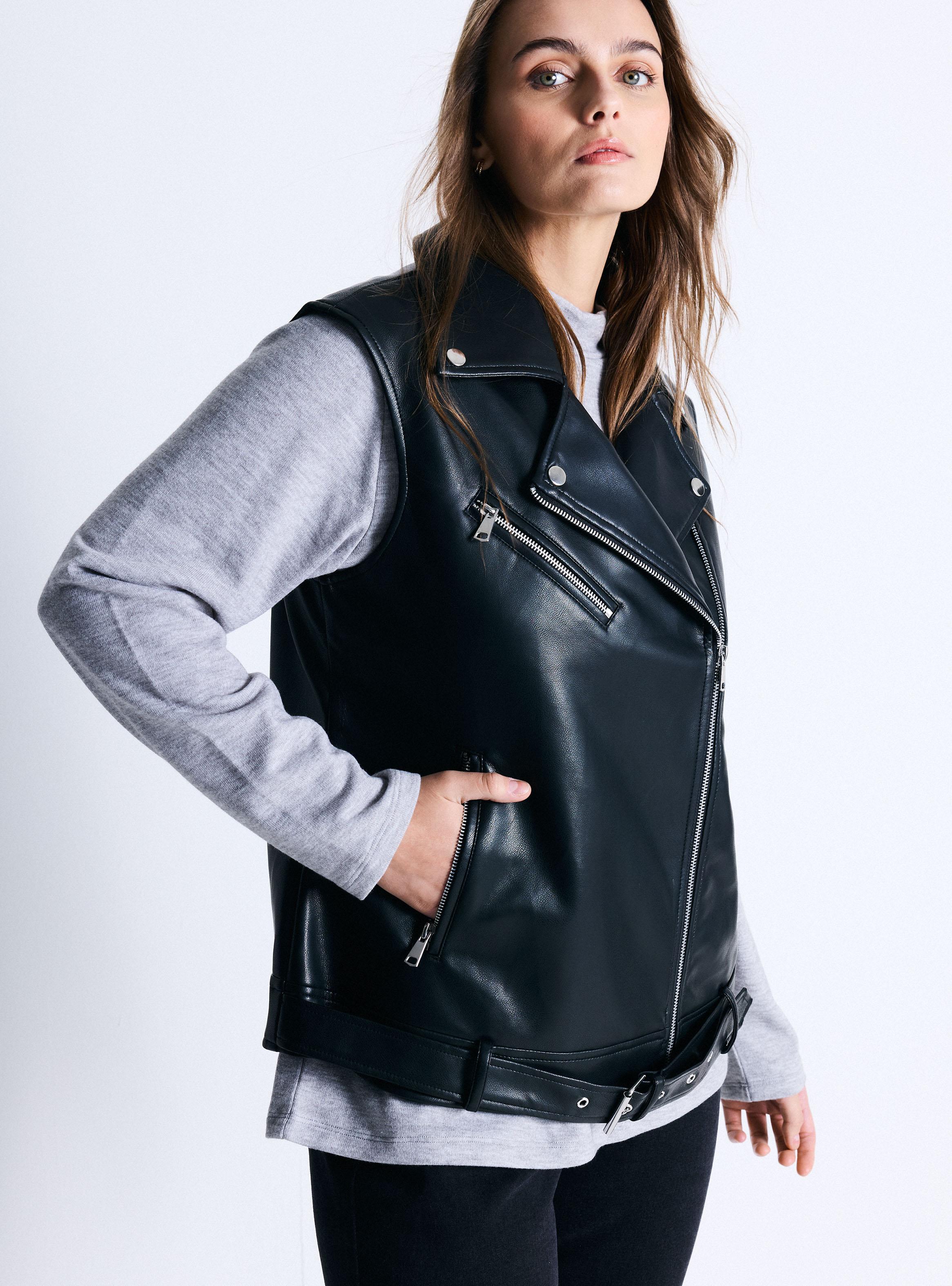 Chaqueta Biker de Cuero Sintético sin Mangas-2