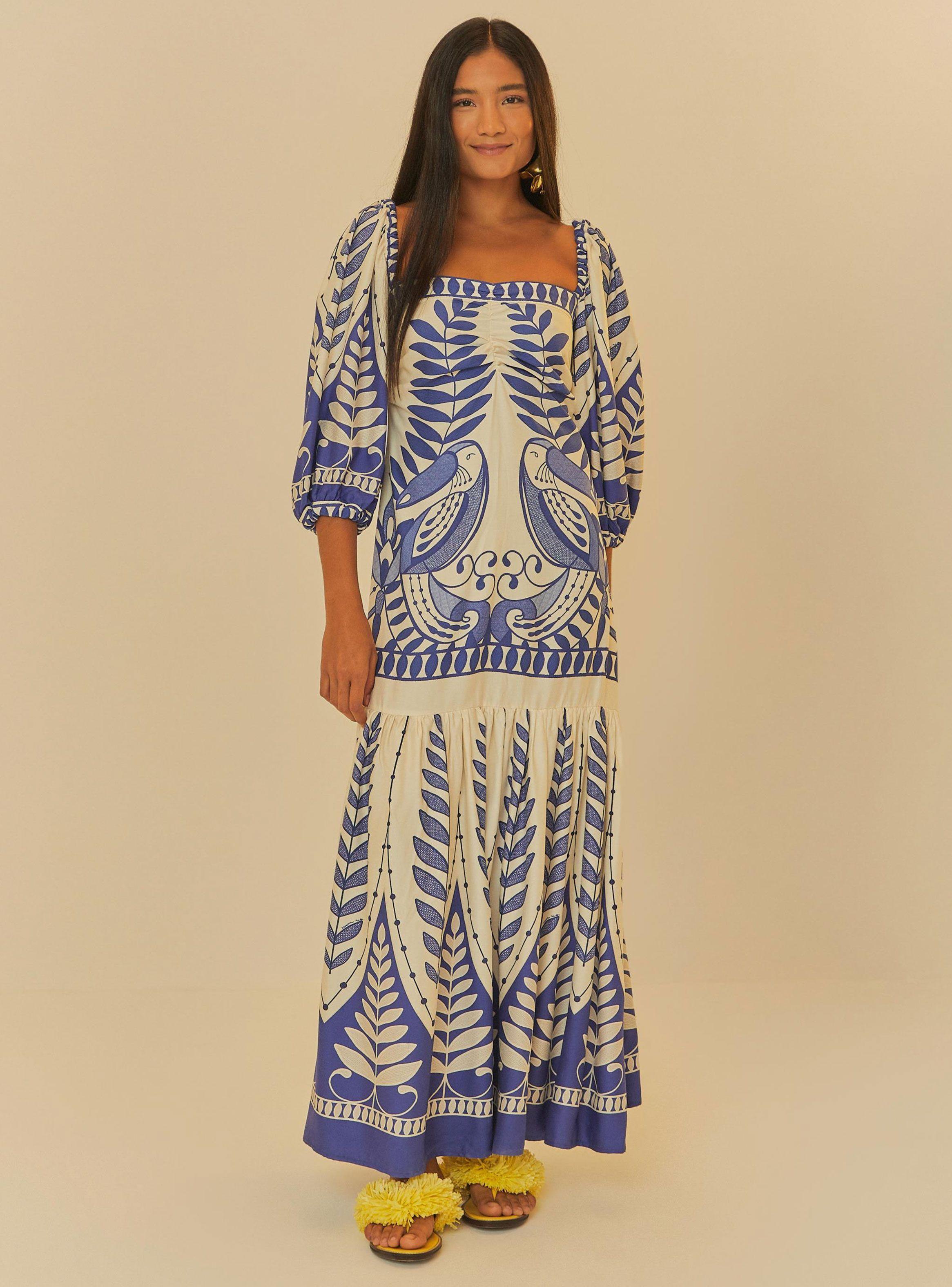 Vestido Largo Manga Abullonada Diseño Aves-0