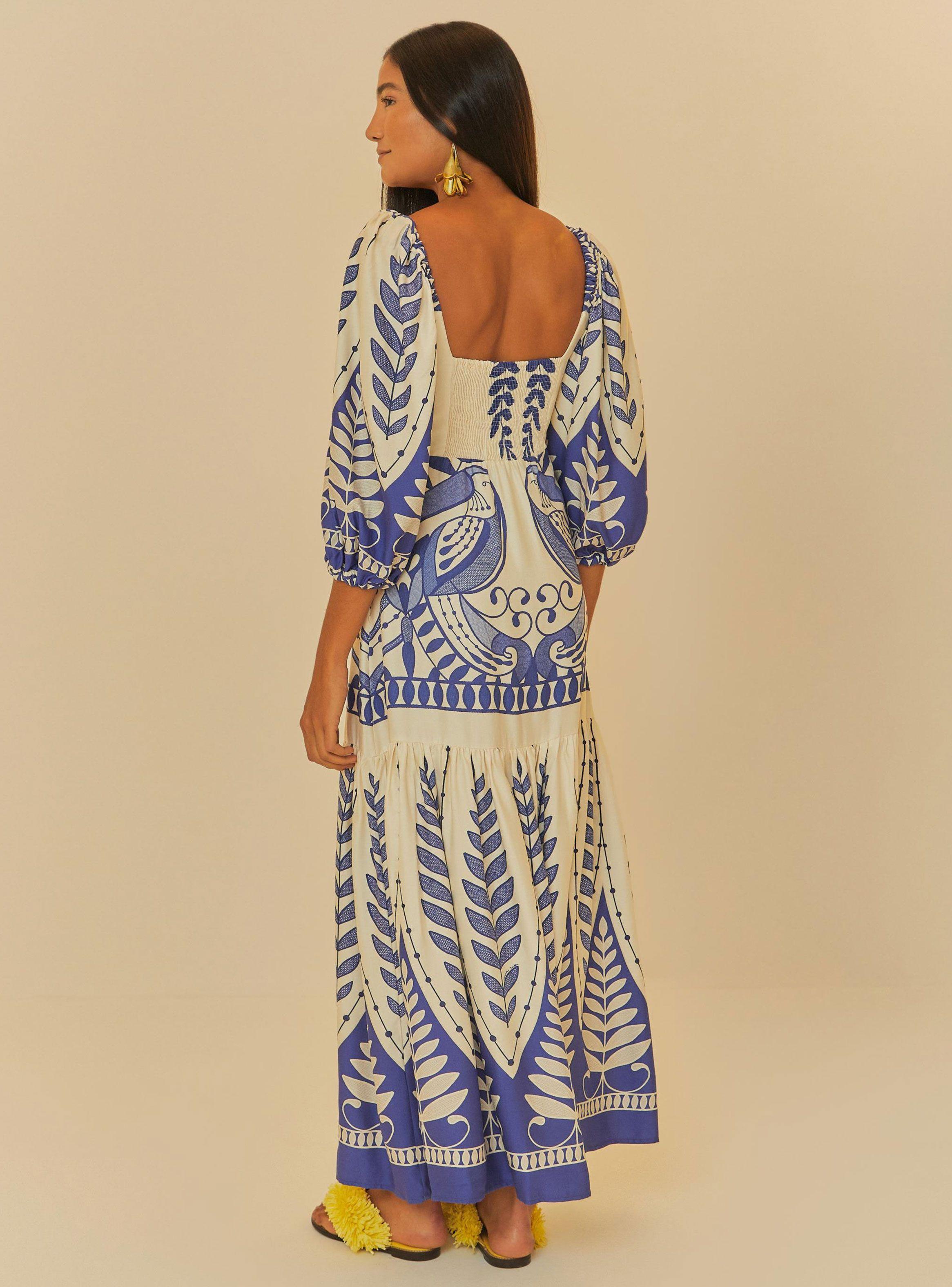 Vestido Largo Manga Abullonada Diseño Aves-1