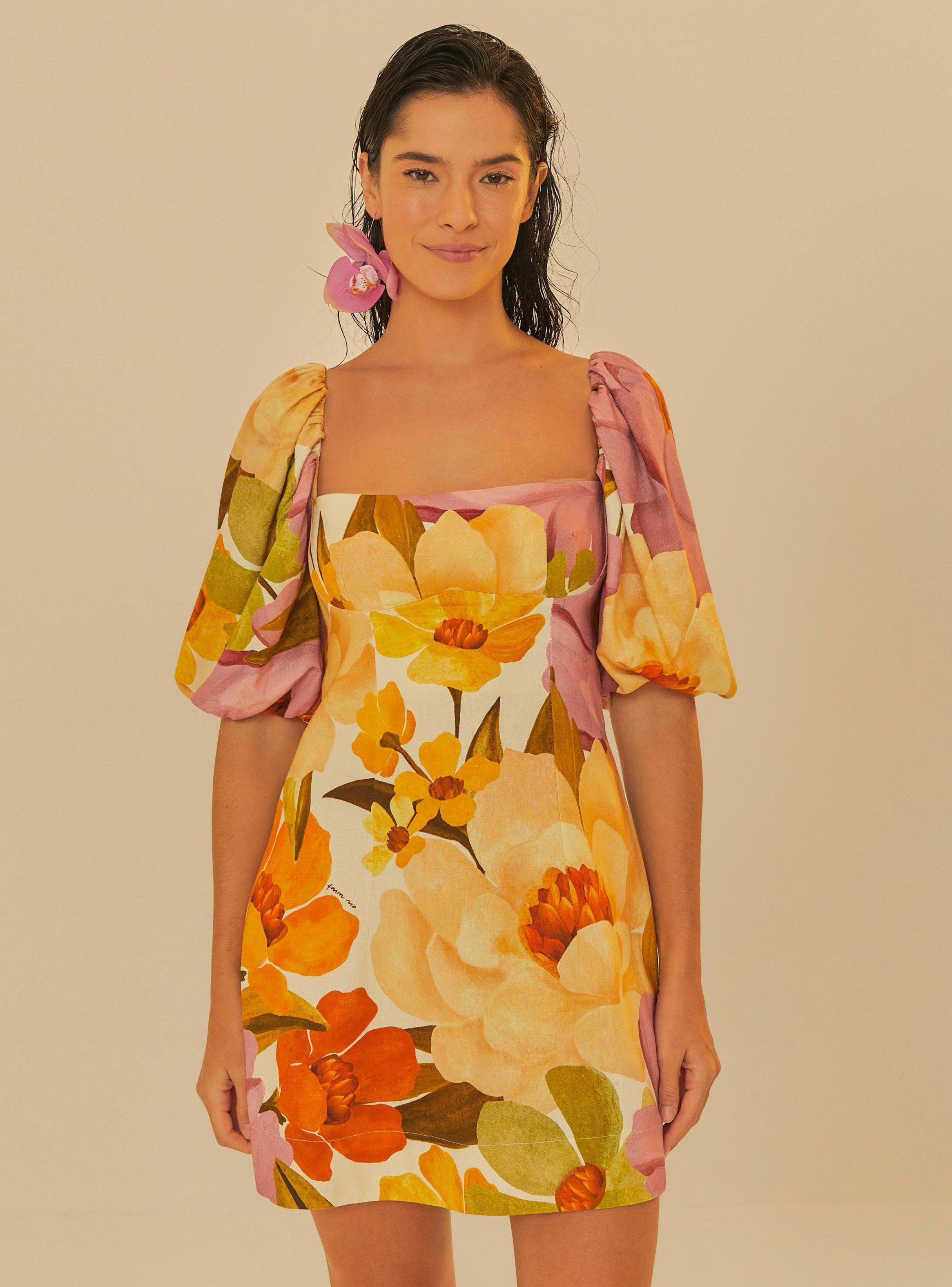 Vestido Corto Manga Abullonada Diseño Flores-0