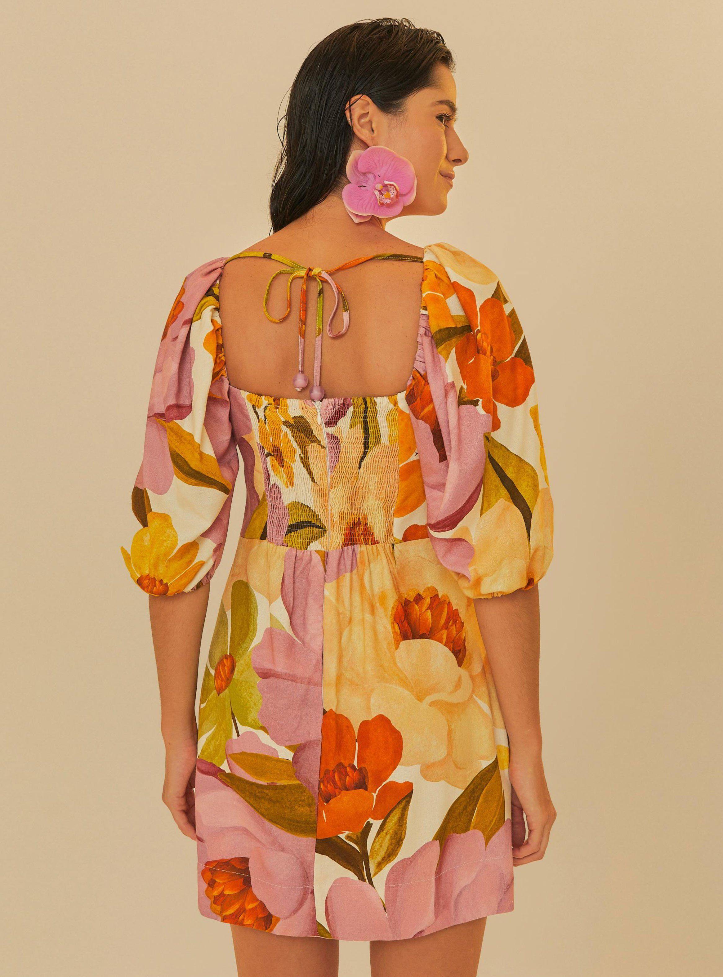 Vestido Corto Manga Abullonada Diseño Flores-1