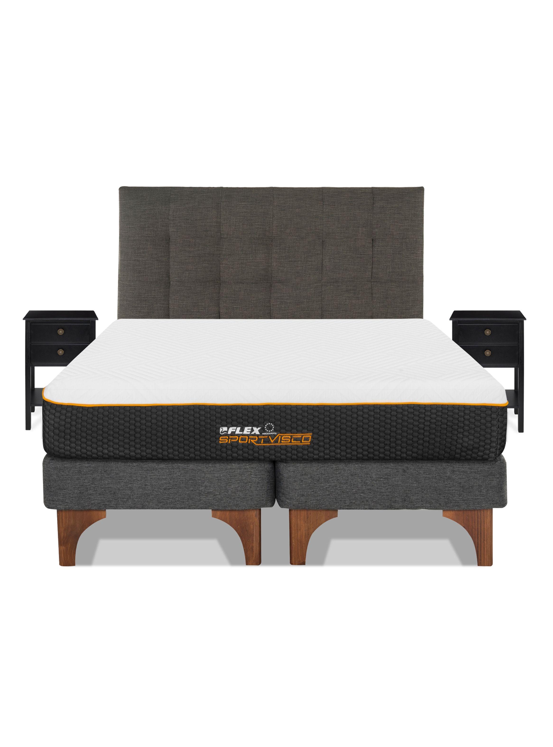 Cama Europea Sport Visco 2 Plazas Base Dividida + Respaldo Design Grafito + Veladores Rover-2