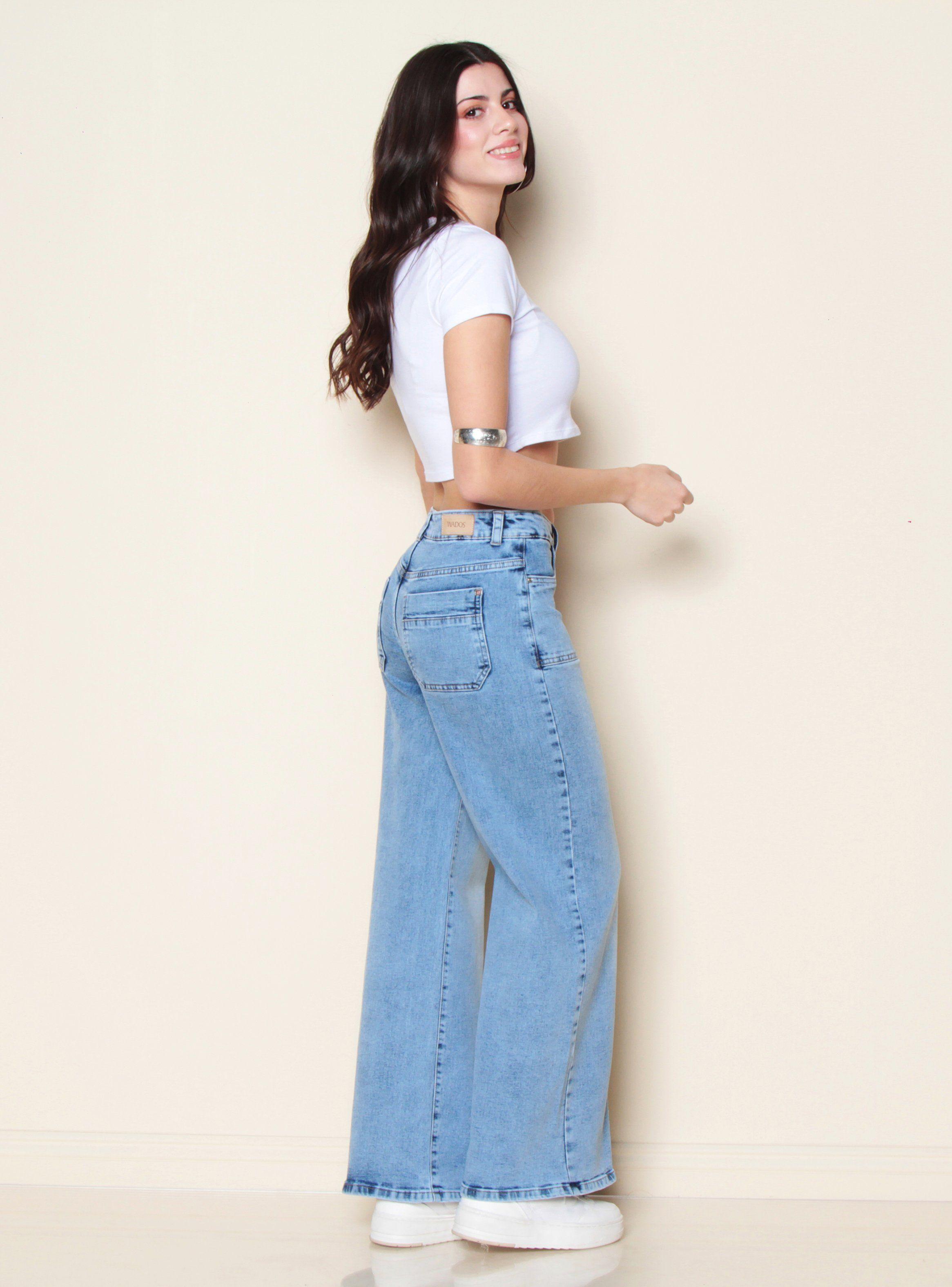 Jeans Cargo Wide Leg Tiro Alto Pretina Básica 1 Botón-4