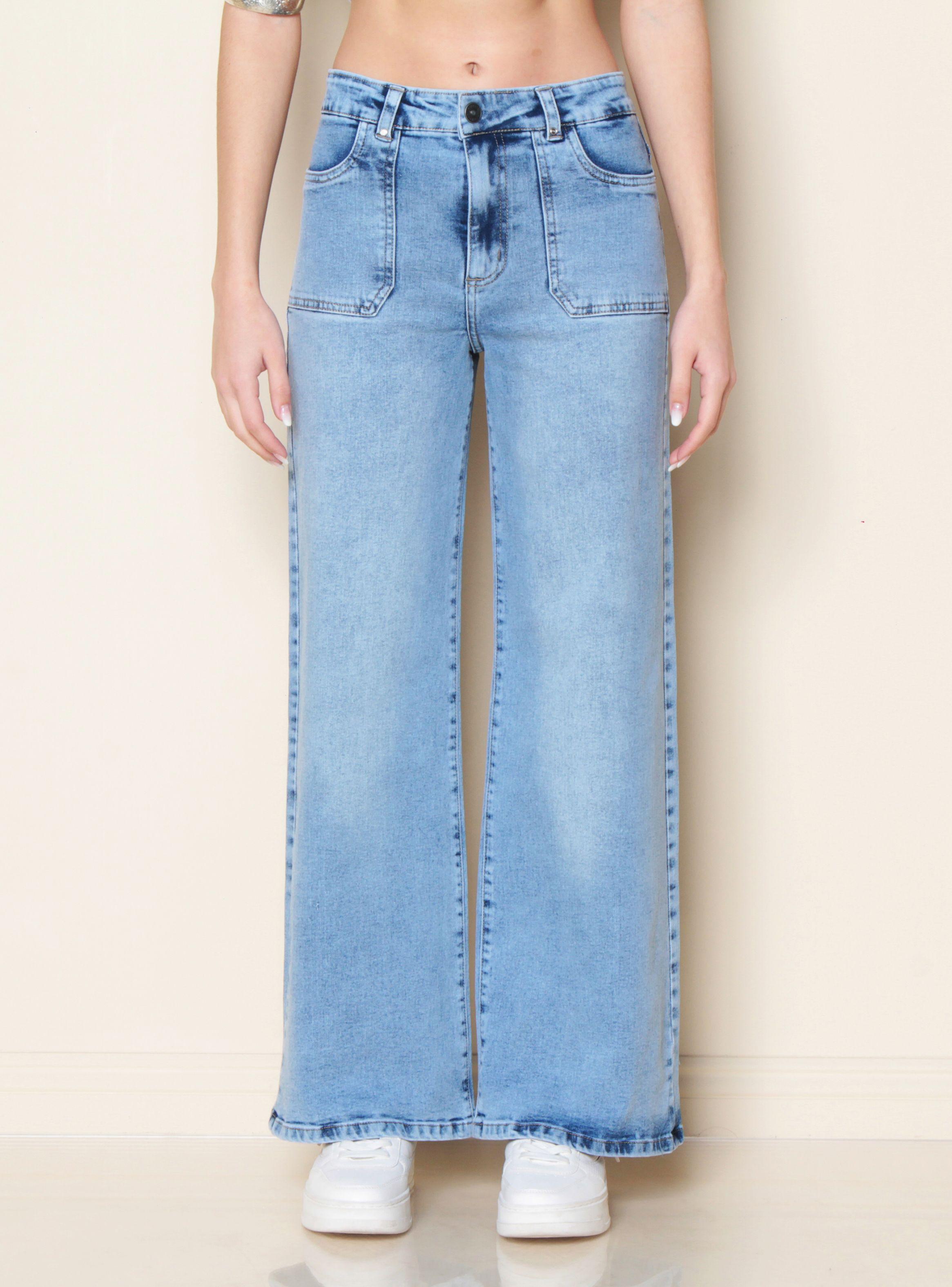 Jeans Cargo Wide Leg Tiro Alto Pretina Básica 1 Botón-0