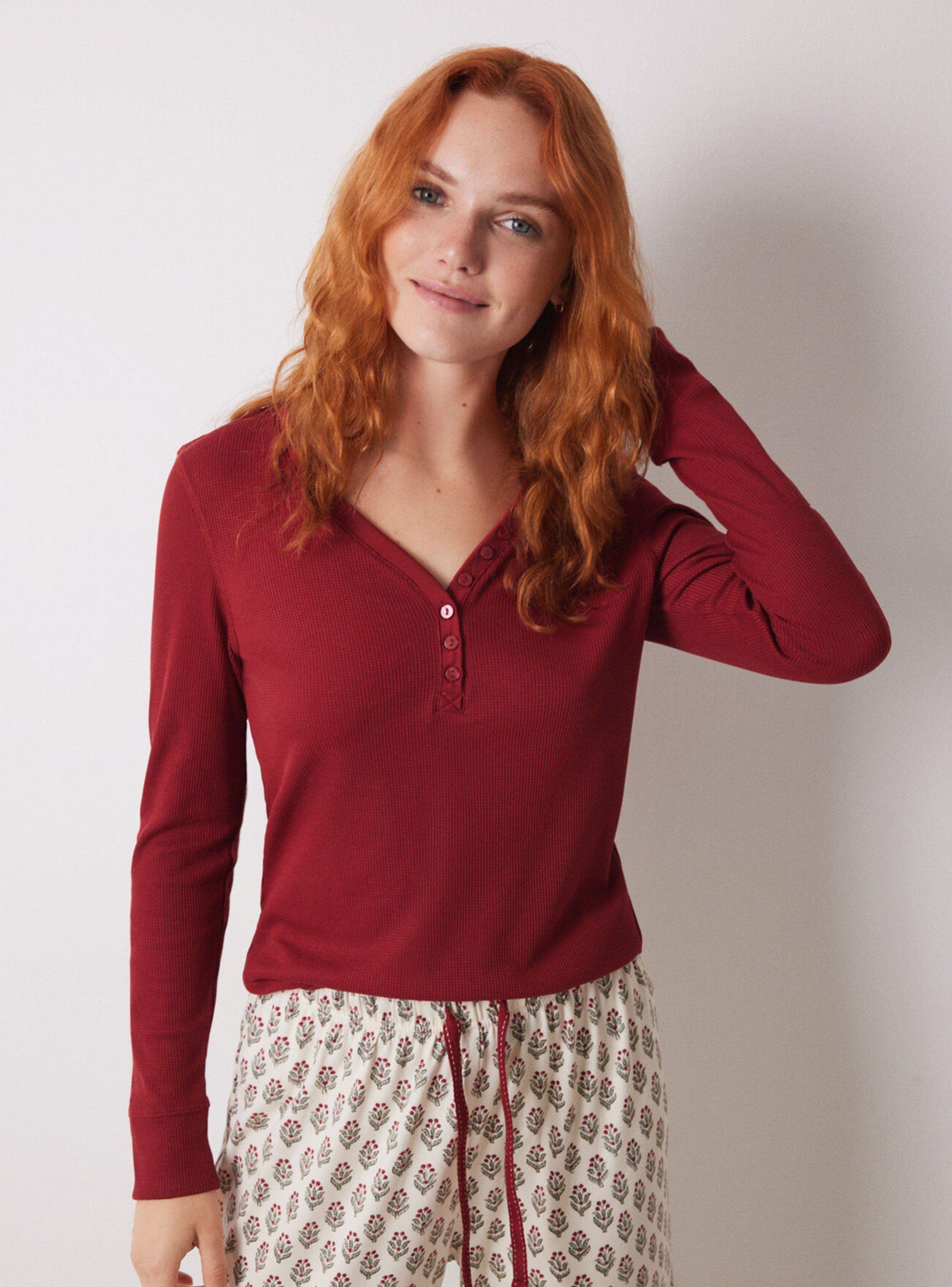 Polera Manga Larga Tejido Waffle Rojo-3