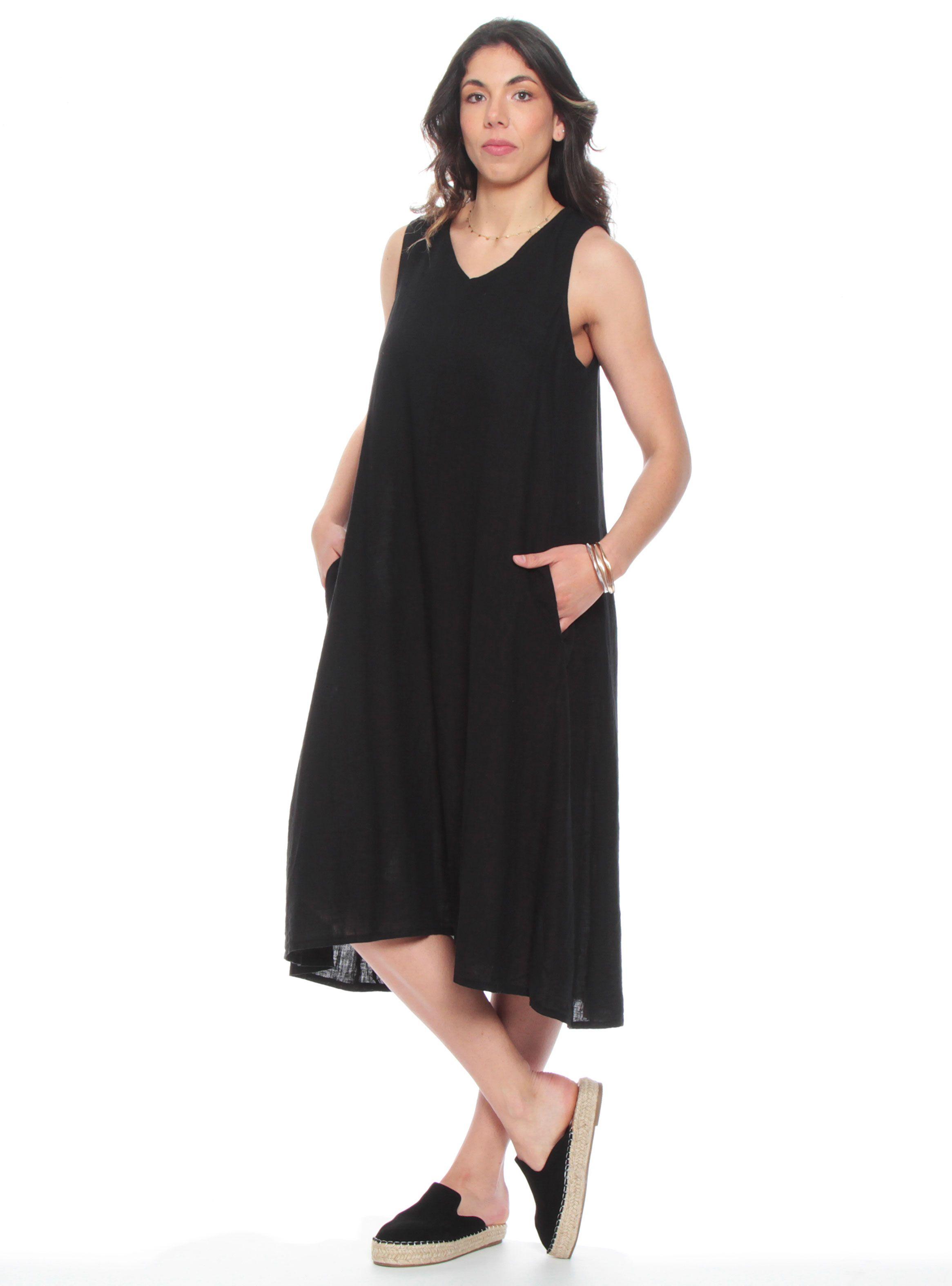 Vestido sin Manga Lino Sólido Escote V con Bolsillos-3